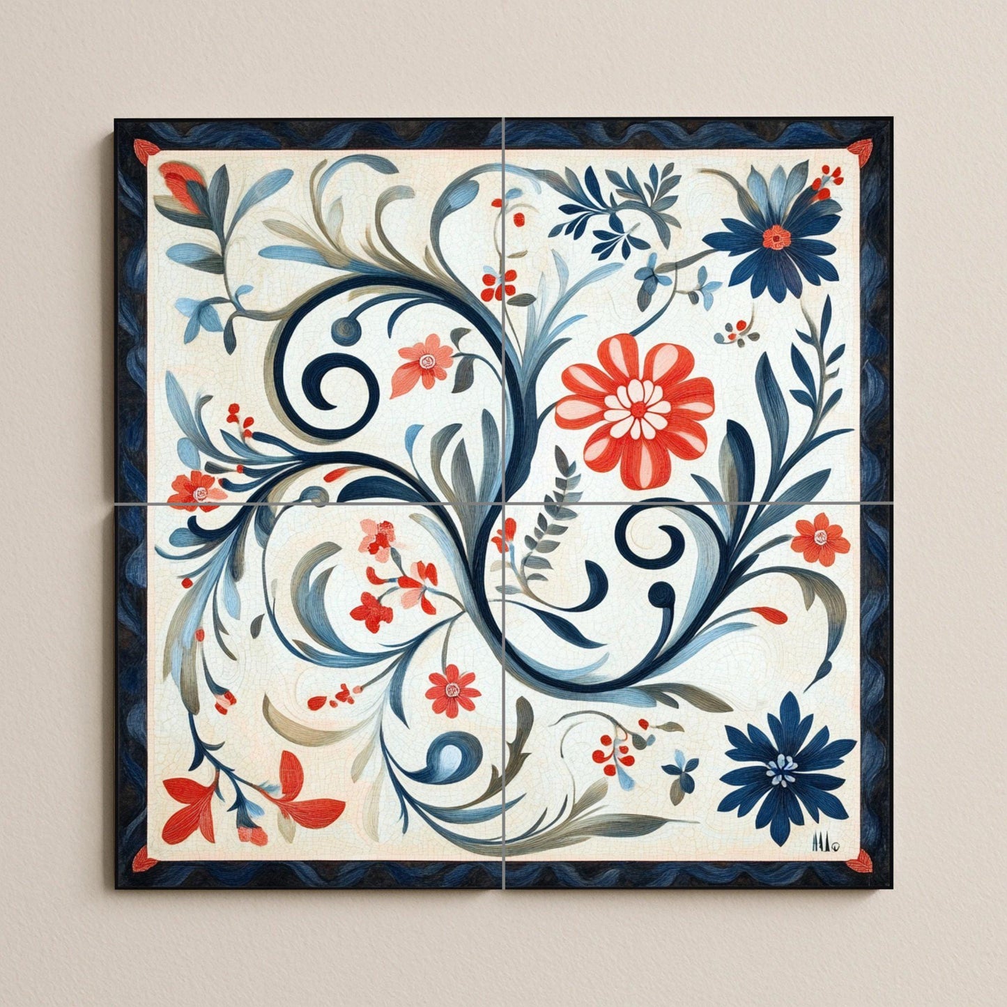Norwegian ceramic mural Rosemaling: traditional floral scrolls from Telemark and Hallingdal, heritage of Scandinavian decorative art