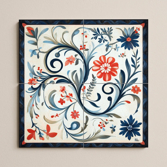 Norwegian ceramic mural Rosemaling: traditional floral scrolls from Telemark and Hallingdal, heritage of Scandinavian decorative art
