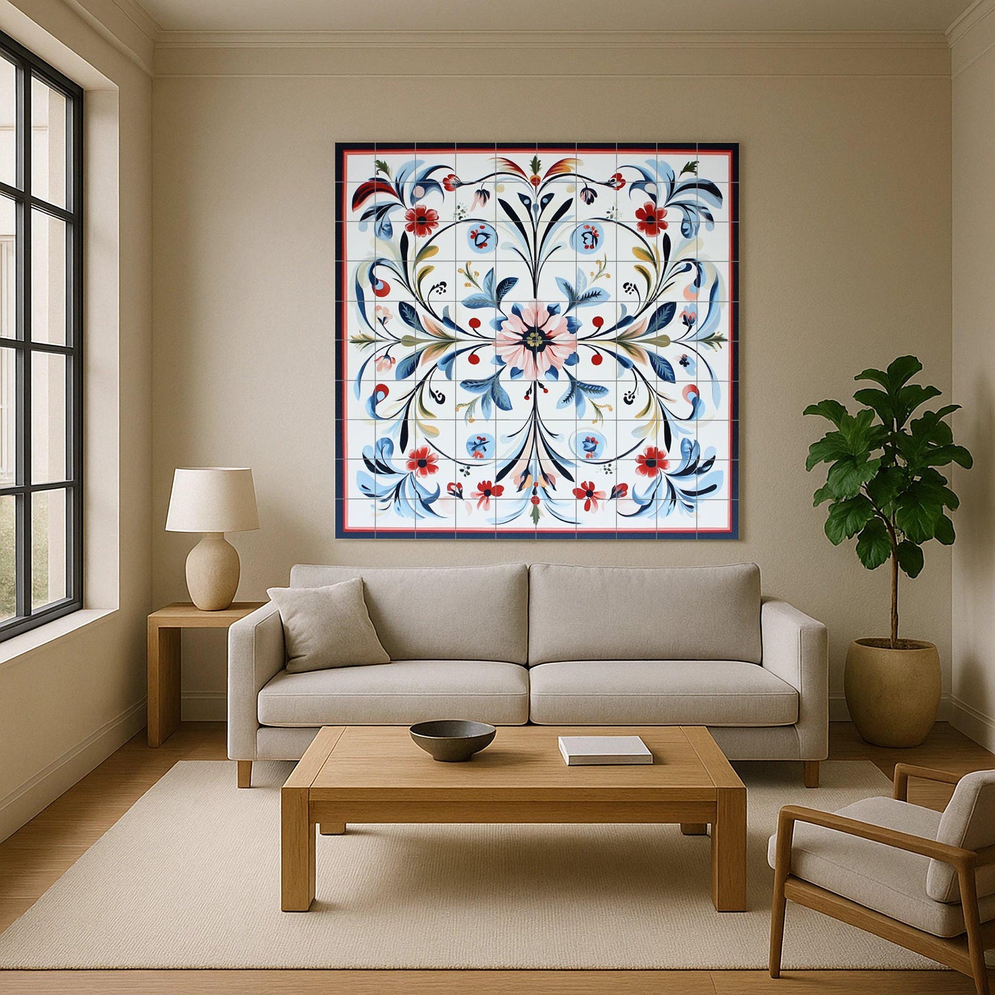 Norwegian ceramic mural Rosemaling: Nordic folk floral design in blue and red with stylized Scandinavian border.