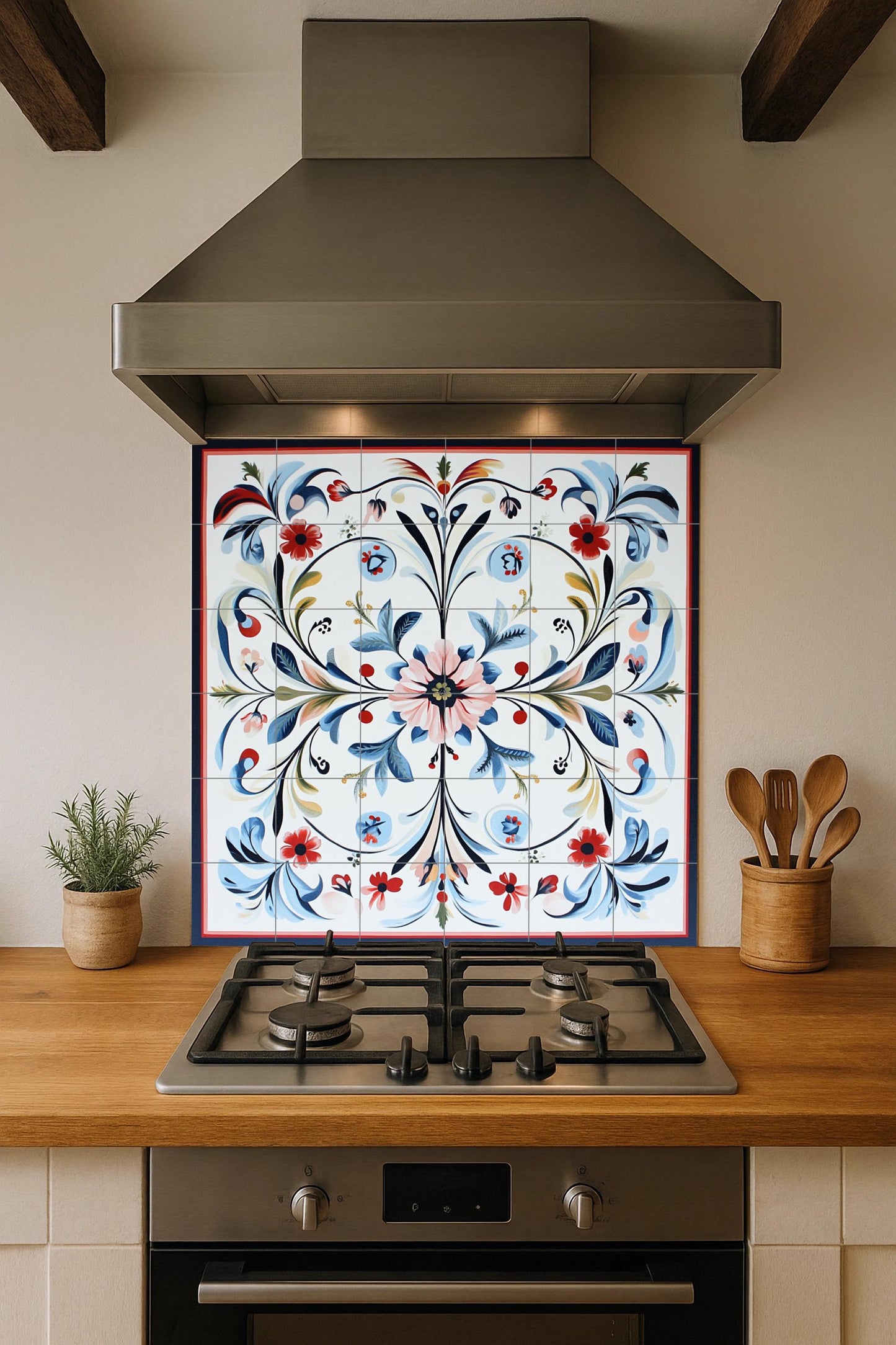 Norwegian ceramic mural Rosemaling: Nordic folk floral design in blue and red with stylized Scandinavian border.