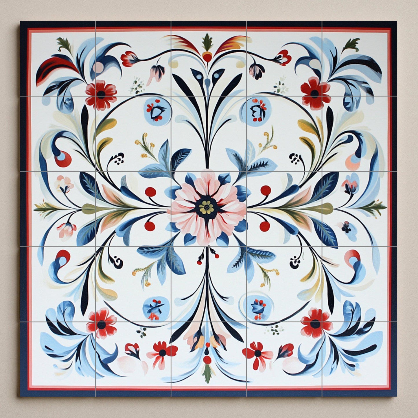 Norwegian ceramic mural Rosemaling: Nordic folk floral design in blue and red with stylized Scandinavian border.