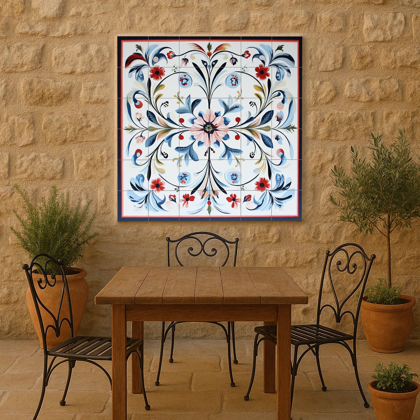 Norwegian ceramic mural Rosemaling: Nordic folk floral design in blue and red with stylized Scandinavian border.