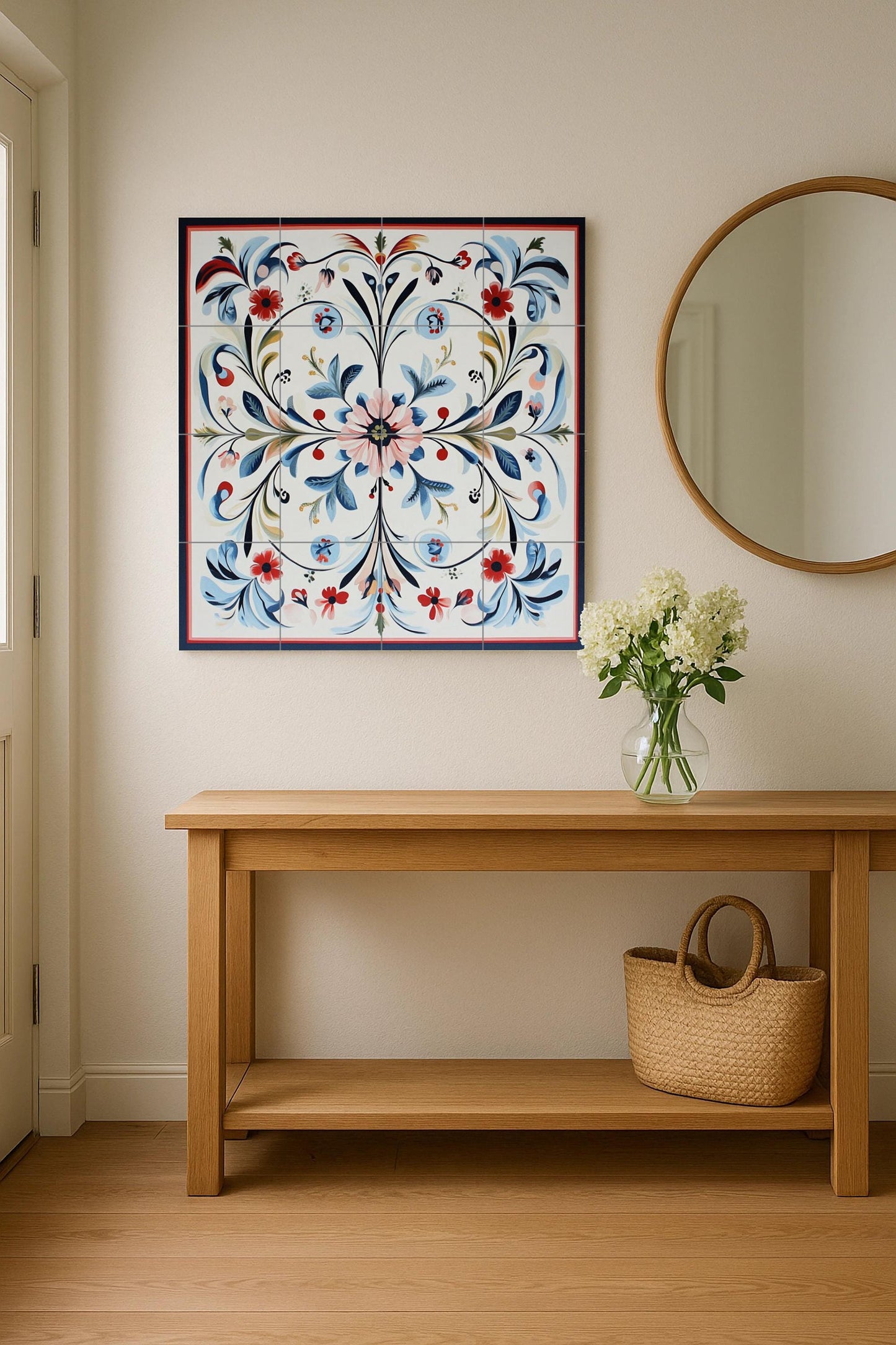 Norwegian ceramic mural Rosemaling: Nordic folk floral design in blue and red with stylized Scandinavian border.
