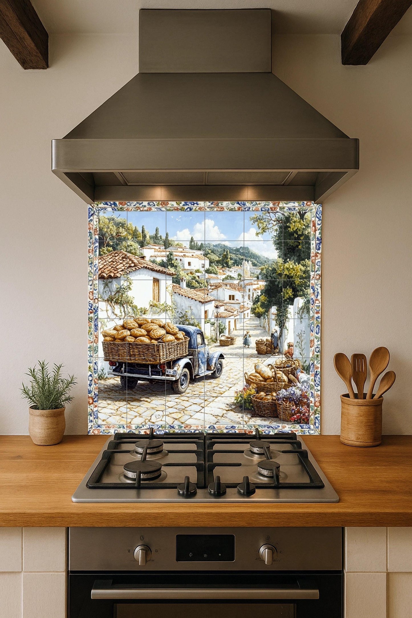 Ceramic mural of a village in southern Italy: a rustic bread cart on a sunny street with whitewashed houses and cobbled paths.
