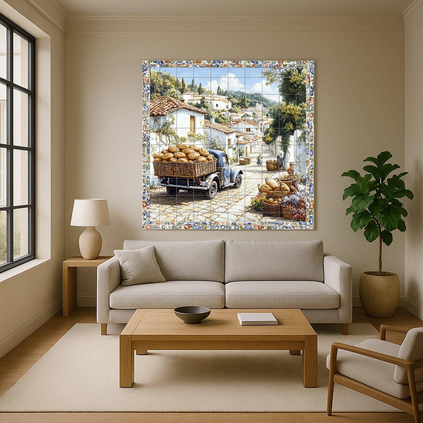 Ceramic mural of a village in southern Italy: a rustic bread cart on a sunny street with whitewashed houses and cobbled paths.