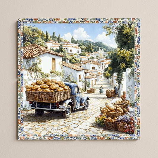 Ceramic mural of a village in southern Italy: a rustic bread cart on a sunny street with whitewashed houses and cobbled paths.