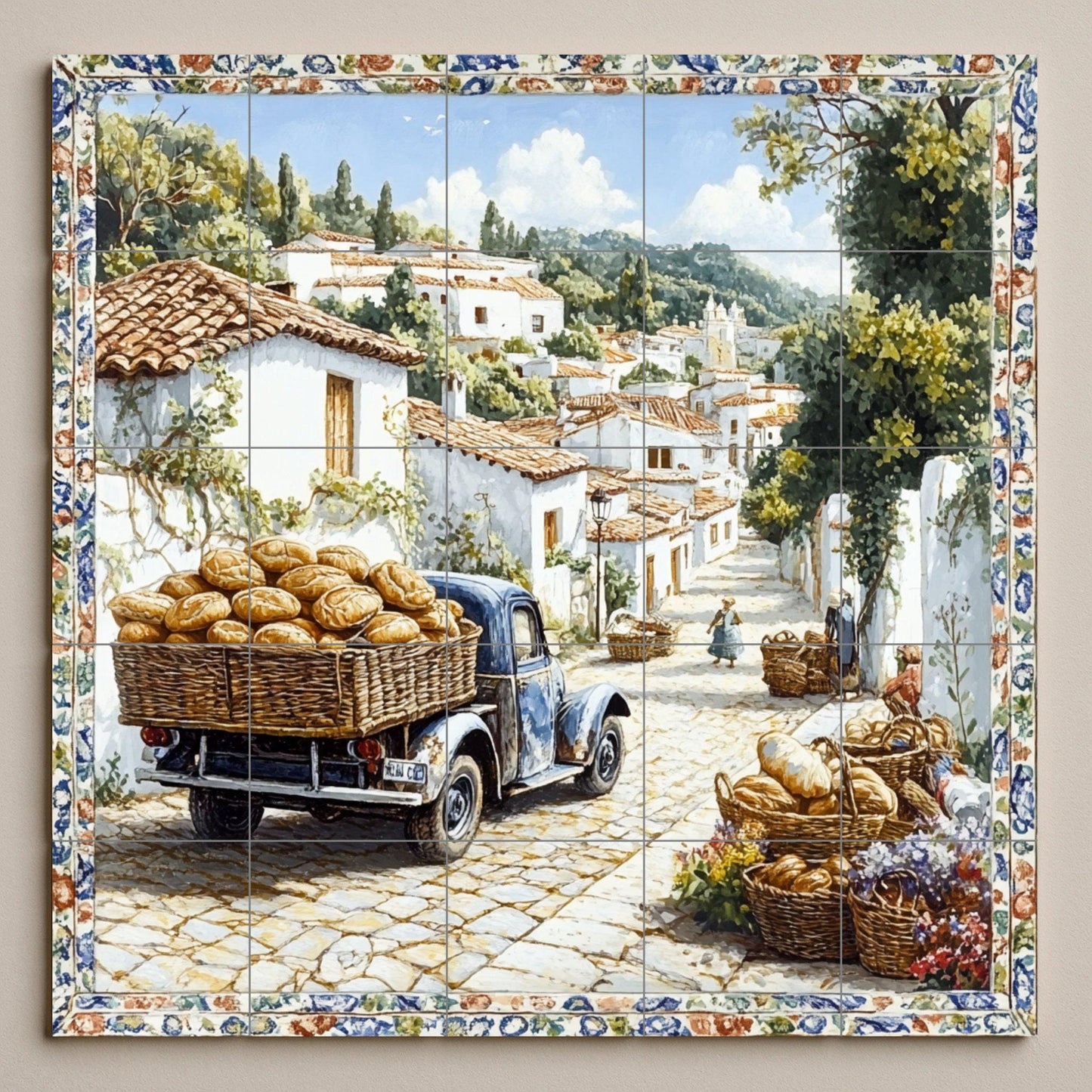 Ceramic mural of a village in southern Italy: a rustic bread cart on a sunny street with whitewashed houses and cobbled paths.