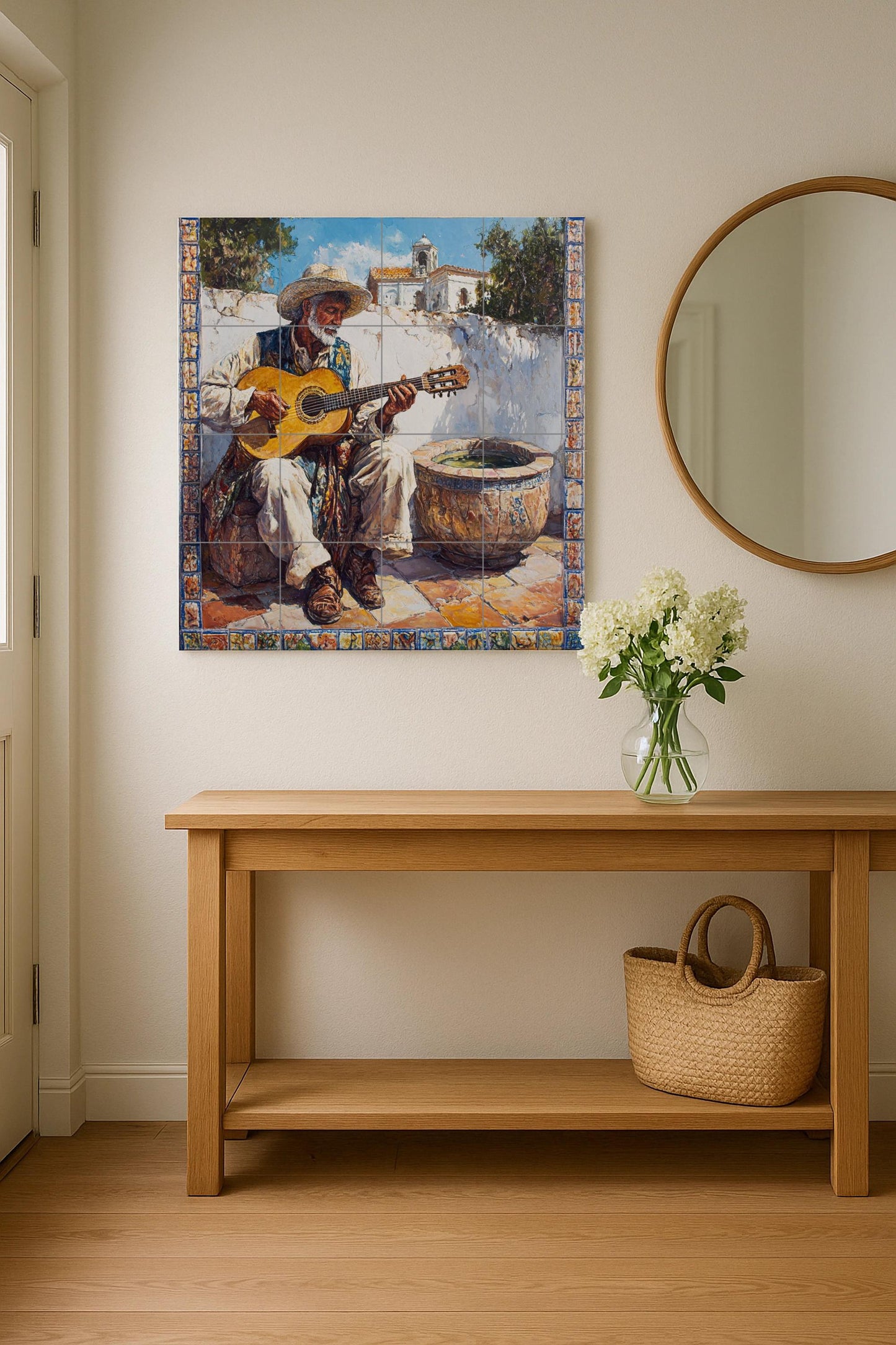 Andalusian flamenco ceramic mural – Gypsy guitarist in a village scene, Cordoba Cadiz Jerez Granada Malaga Ronda