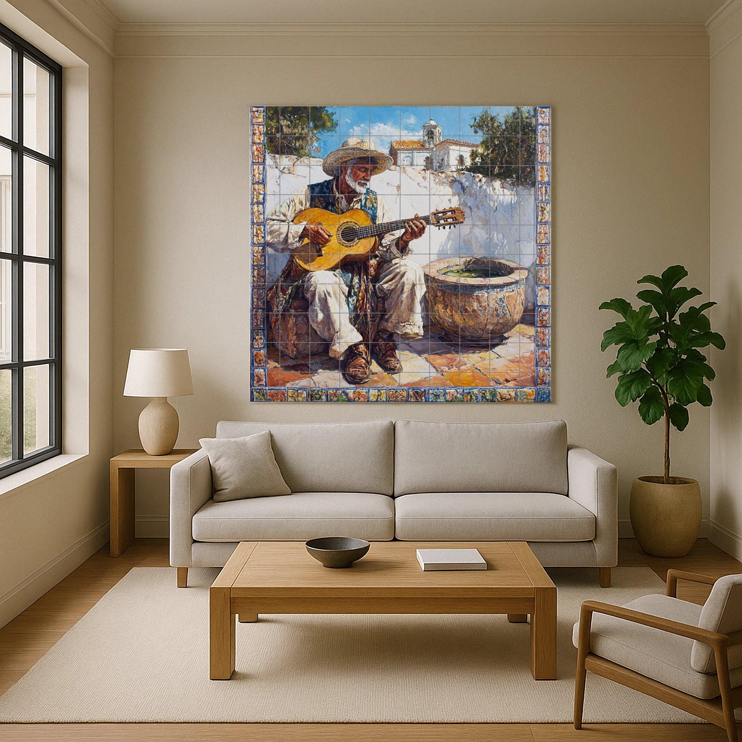 Andalusian flamenco ceramic mural – Gypsy guitarist in a village scene, Cordoba Cadiz Jerez Granada Malaga Ronda