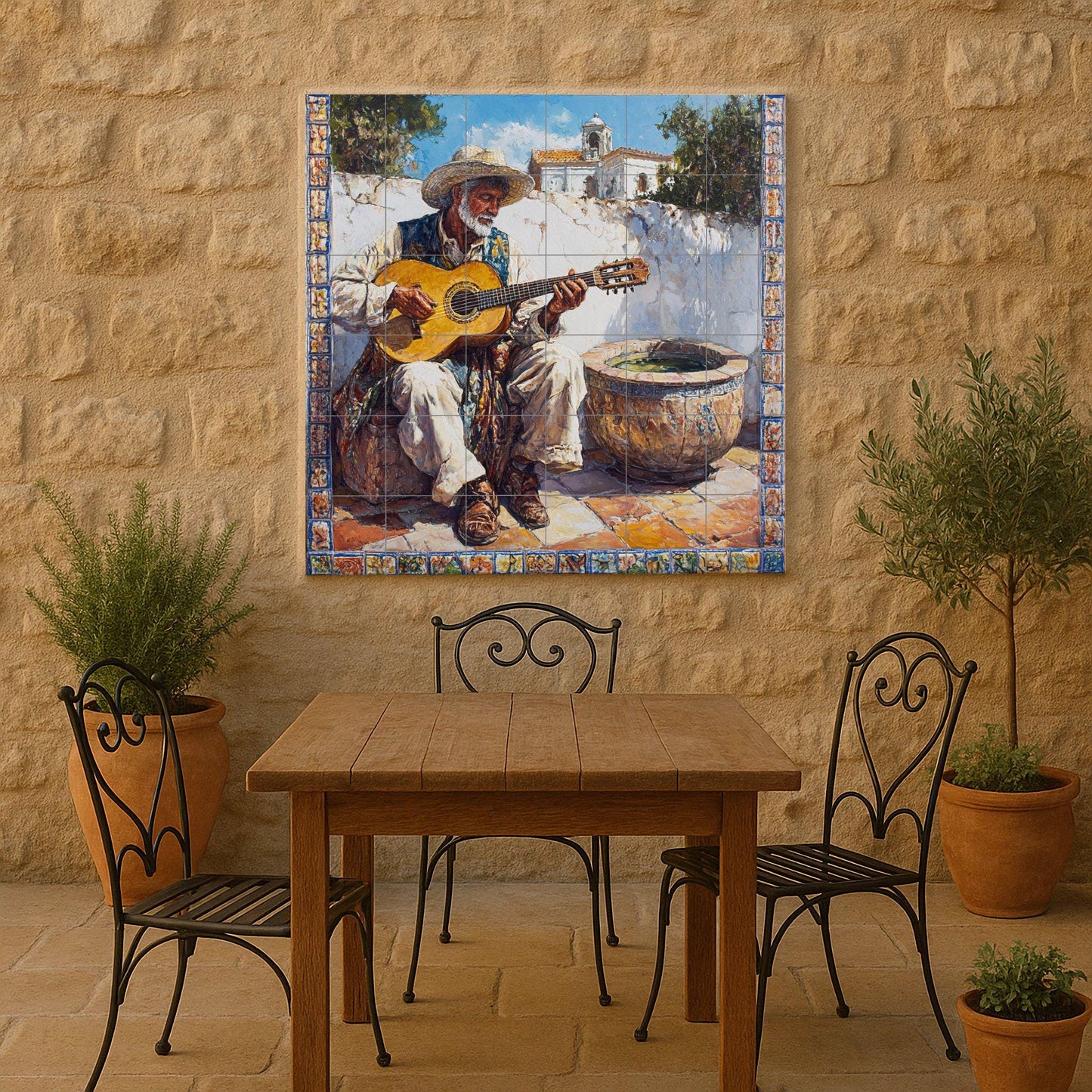 Andalusian flamenco ceramic mural – Gypsy guitarist in a village scene, Cordoba Cadiz Jerez Granada Malaga Ronda