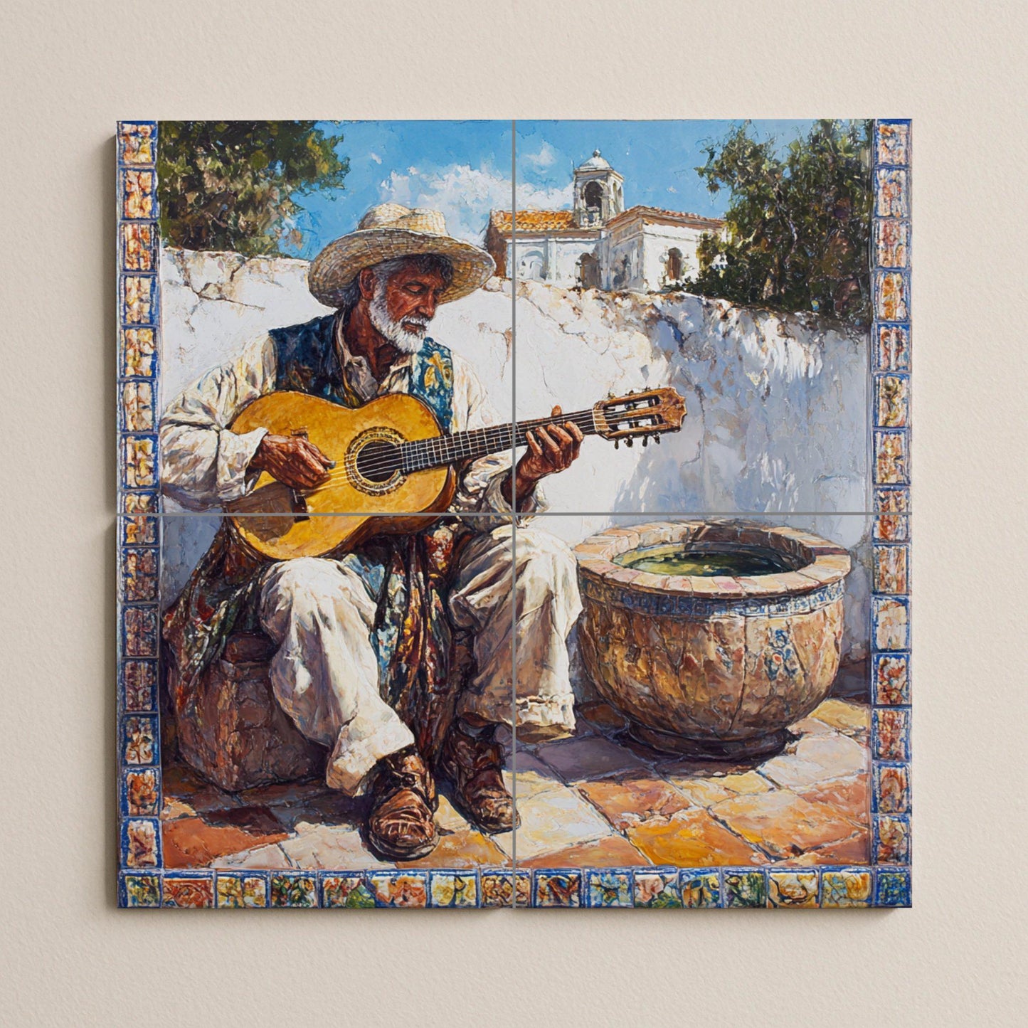 Andalusian flamenco ceramic mural – Gypsy guitarist in a village scene, Cordoba Cadiz Jerez Granada Malaga Ronda