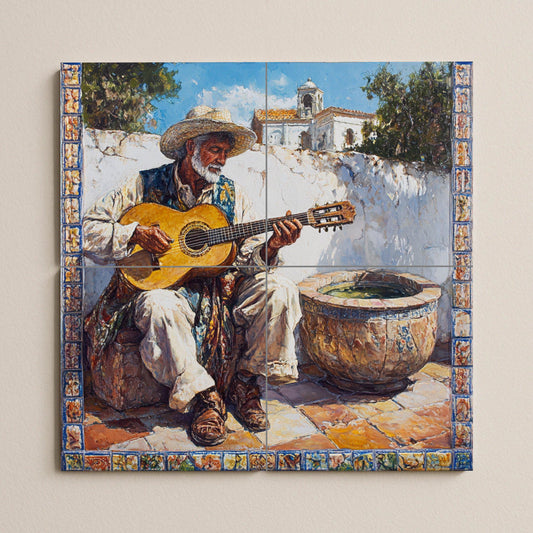 Andalusian flamenco ceramic mural – Gypsy guitarist in a village scene, Cordoba Cadiz Jerez Granada Malaga Ronda
