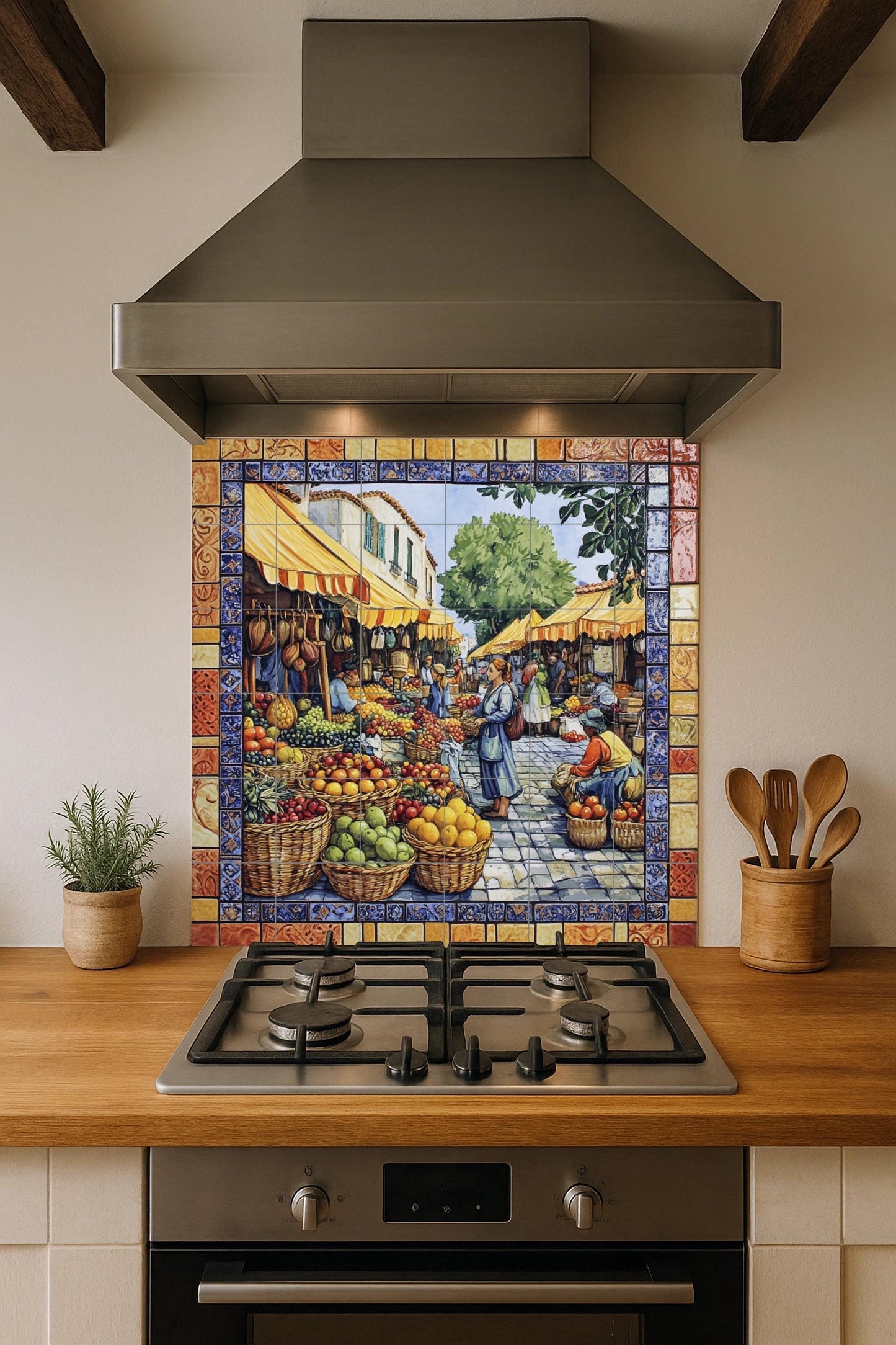 Ceramic mural of the Mediterranean Market: vibrant fruit stalls and a village square scene with colorful borders and a sunny atmosphere.