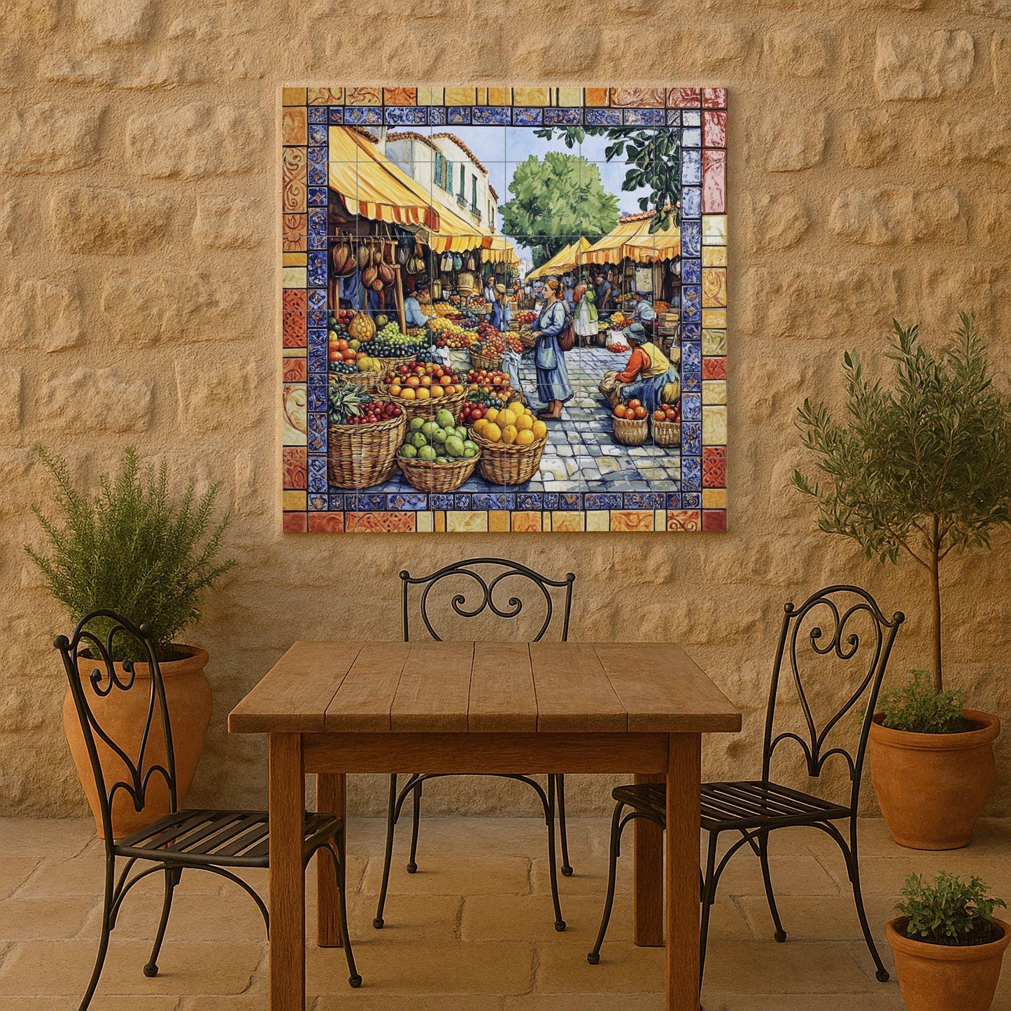 Ceramic mural of the Mediterranean Market: vibrant fruit stalls and a village square scene with colorful borders and a sunny atmosphere.