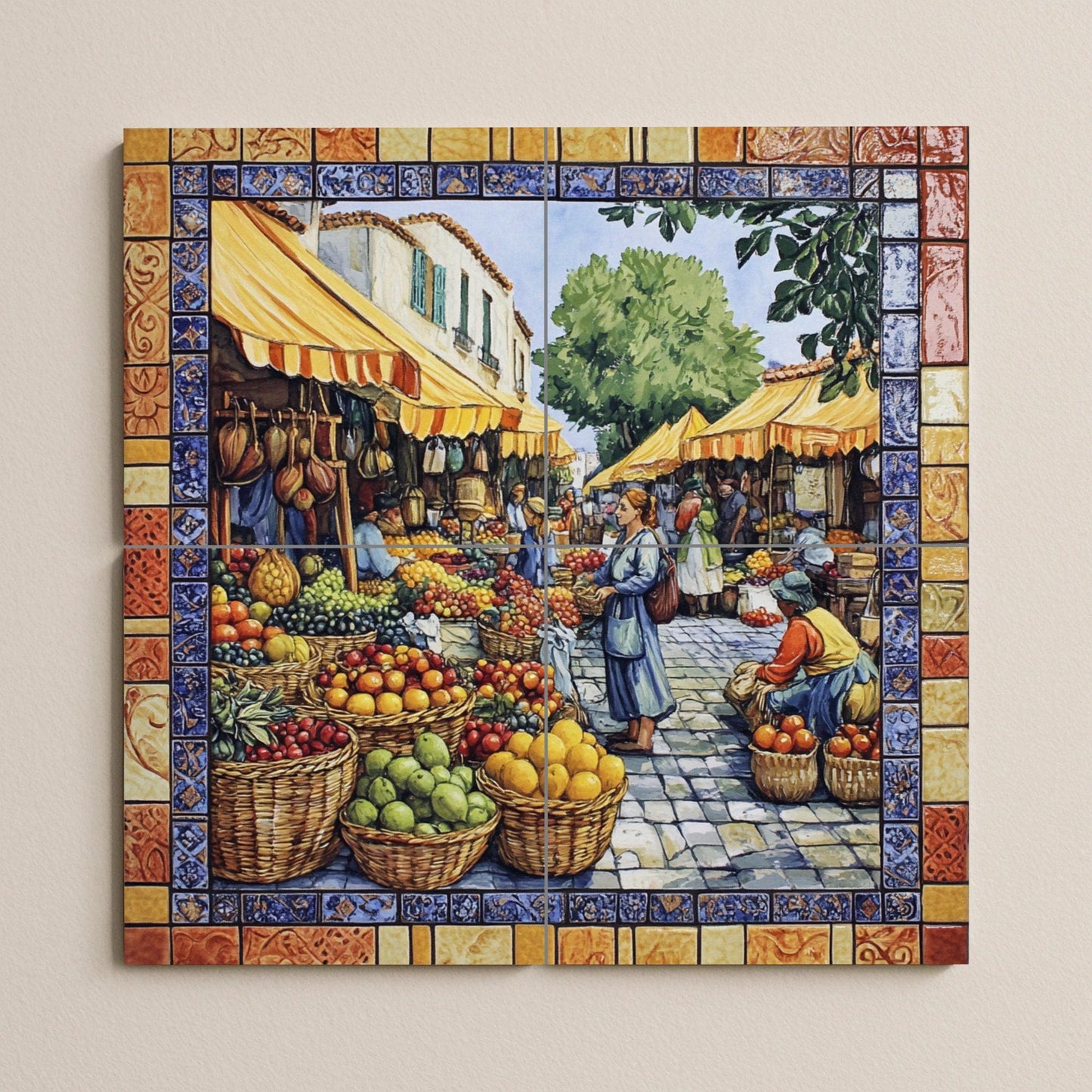 Ceramic mural of the Mediterranean Market: vibrant fruit stalls and a village square scene with colorful borders and a sunny atmosphere.