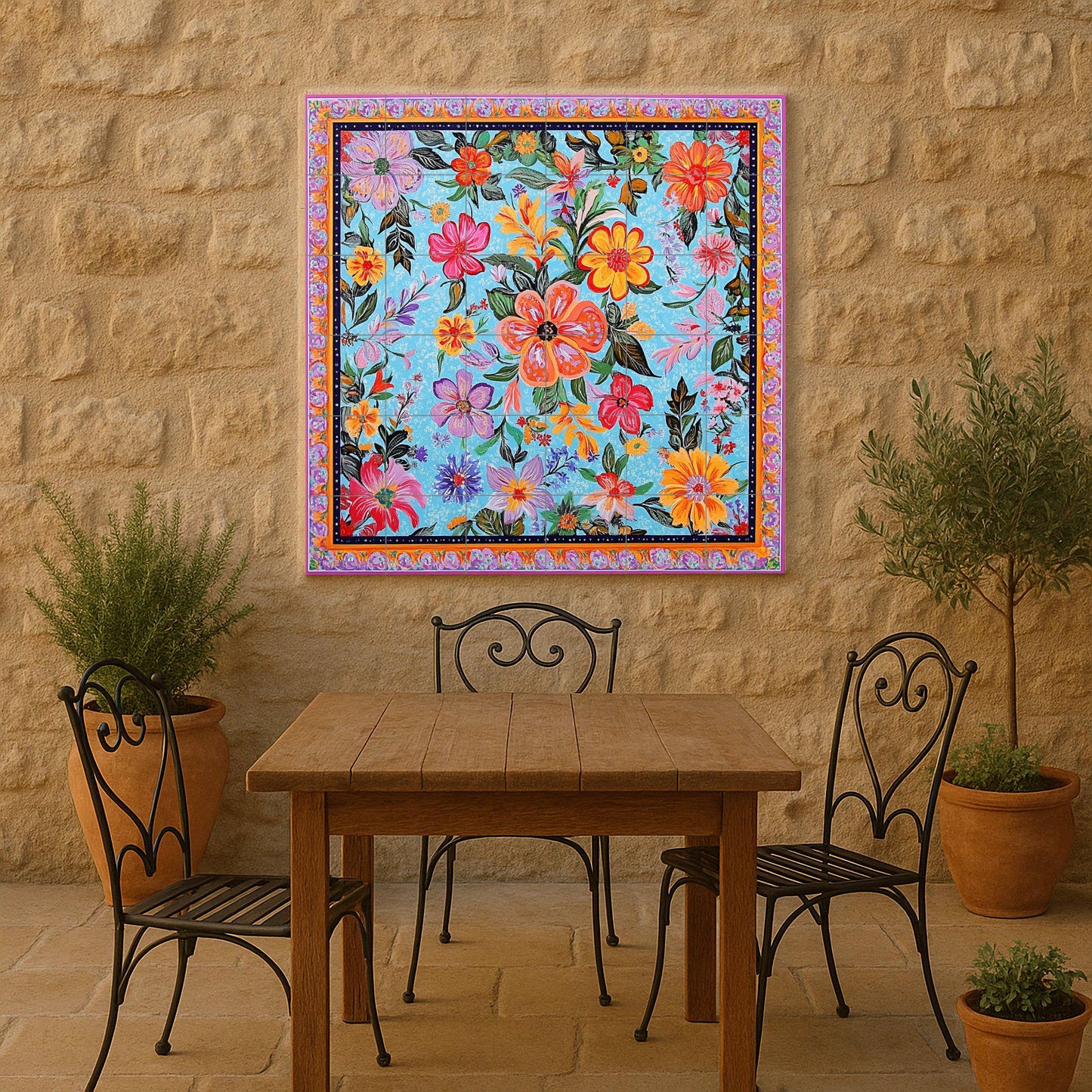 Ceramic mural of Pakistani art with trucks: a bright floral bouquet with traditional colors, vibrant street art style and ornamental borders.