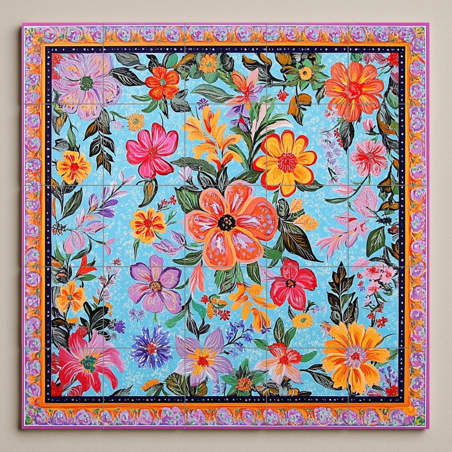Ceramic mural of Pakistani art with trucks: a bright floral bouquet with traditional colors, vibrant street art style and ornamental borders.
