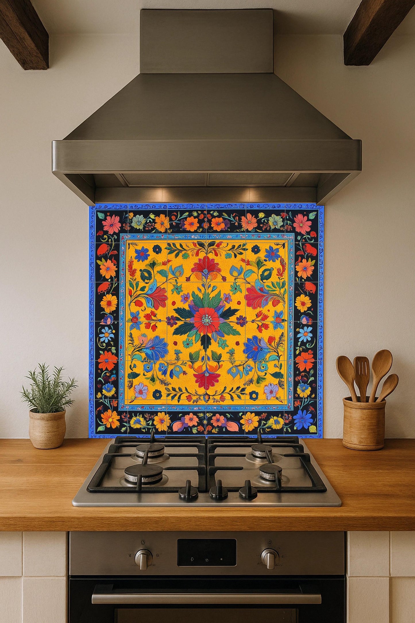 Pakistani ceramic mural: modern floral design inspired by Lahore Fort, Shalimar Gardens and Sufi cultural heritage.