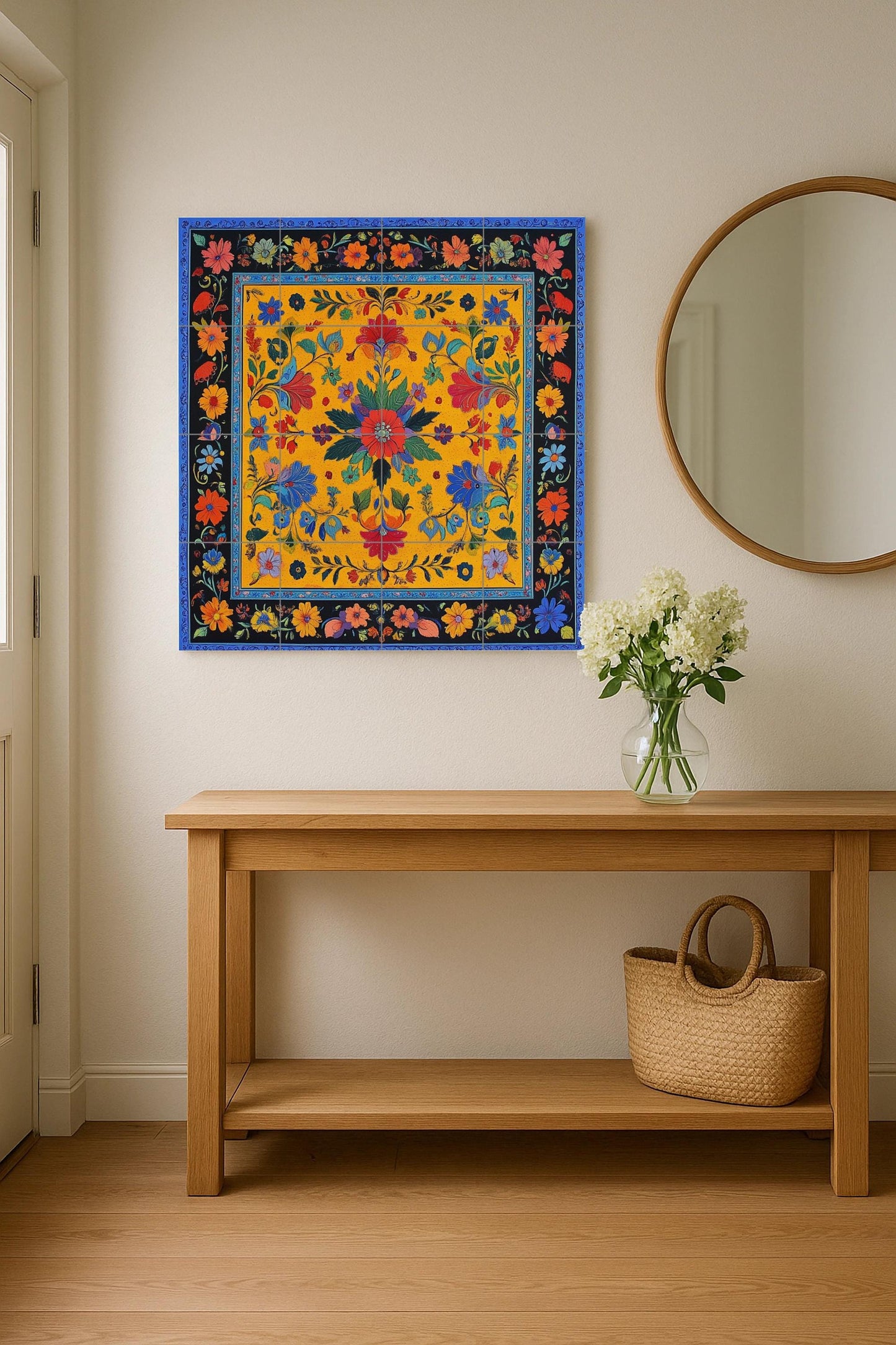 Pakistani ceramic mural: modern floral design inspired by Lahore Fort, Shalimar Gardens and Sufi cultural heritage.