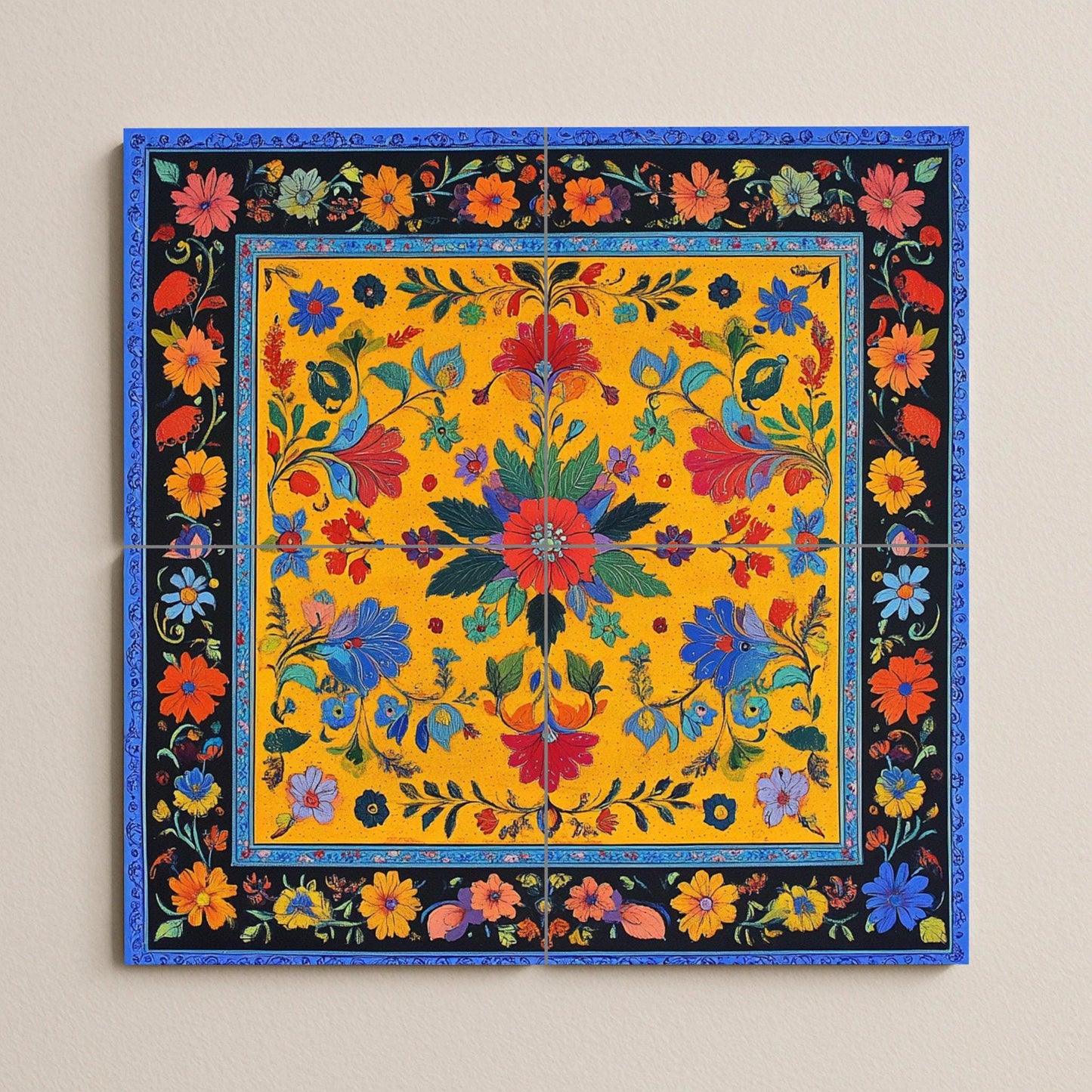 Pakistani ceramic mural: modern floral design inspired by Lahore Fort, Shalimar Gardens and Sufi cultural heritage.