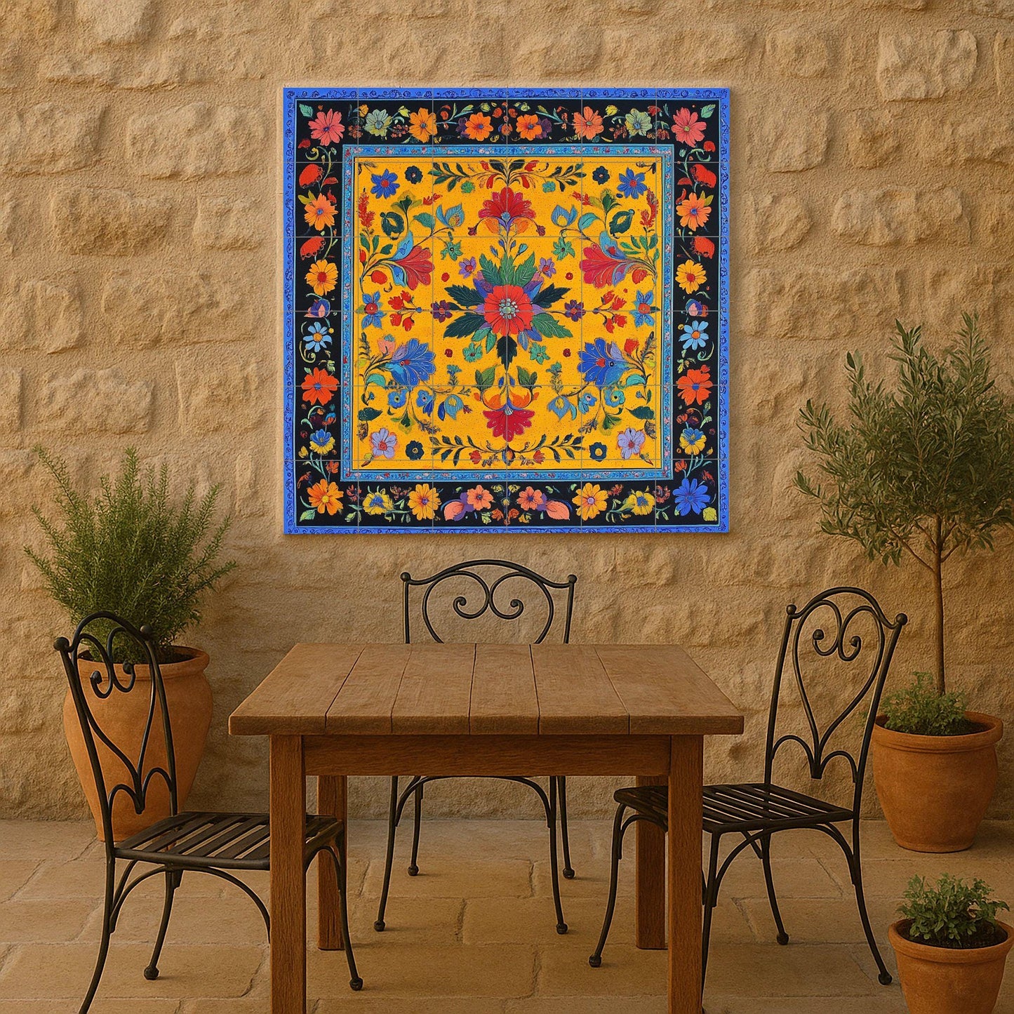 Pakistani ceramic mural: modern floral design inspired by Lahore Fort, Shalimar Gardens and Sufi cultural heritage.