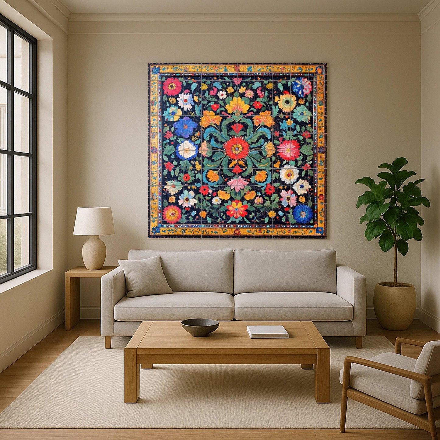 Pakistani ceramic mural: popular floral design inspired by Mughal gardens, the colors of the Indus Valley, and vibrant cultural craftsmanship.