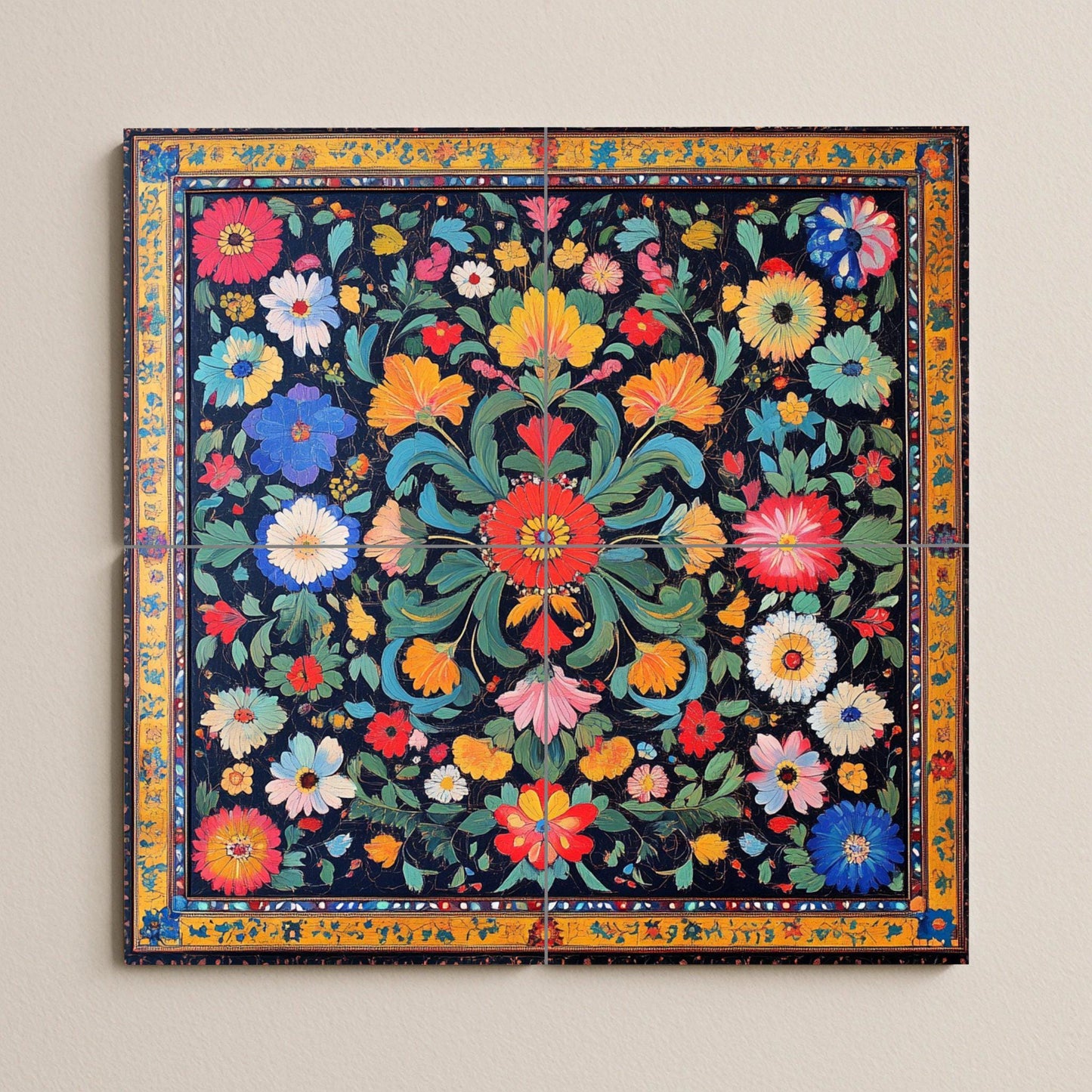 Pakistani ceramic mural: popular floral design inspired by Mughal gardens, the colors of the Indus Valley, and vibrant cultural craftsmanship.