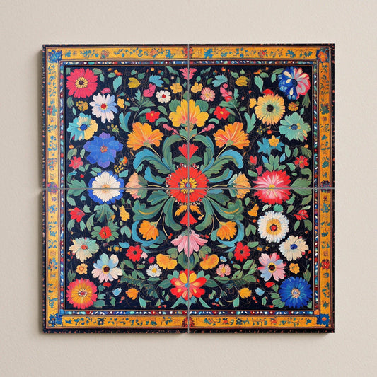 Pakistani ceramic mural: popular floral design inspired by Mughal gardens, the colors of the Indus Valley, and vibrant cultural craftsmanship.