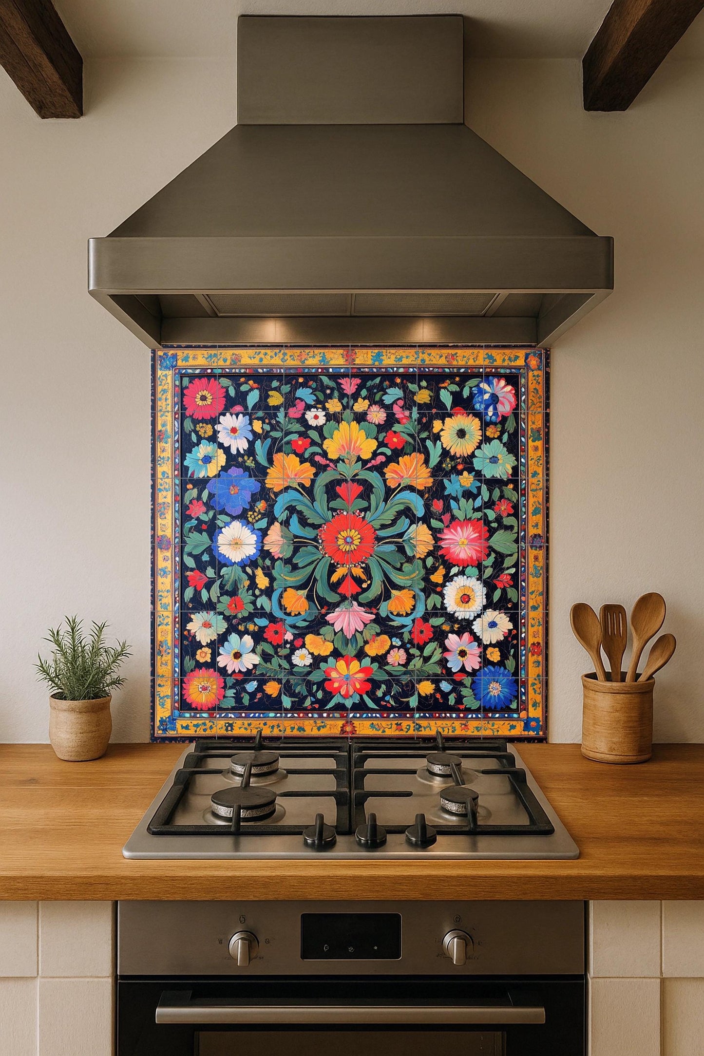 Pakistani ceramic mural: popular floral design inspired by Mughal gardens, the colors of the Indus Valley, and vibrant cultural craftsmanship.