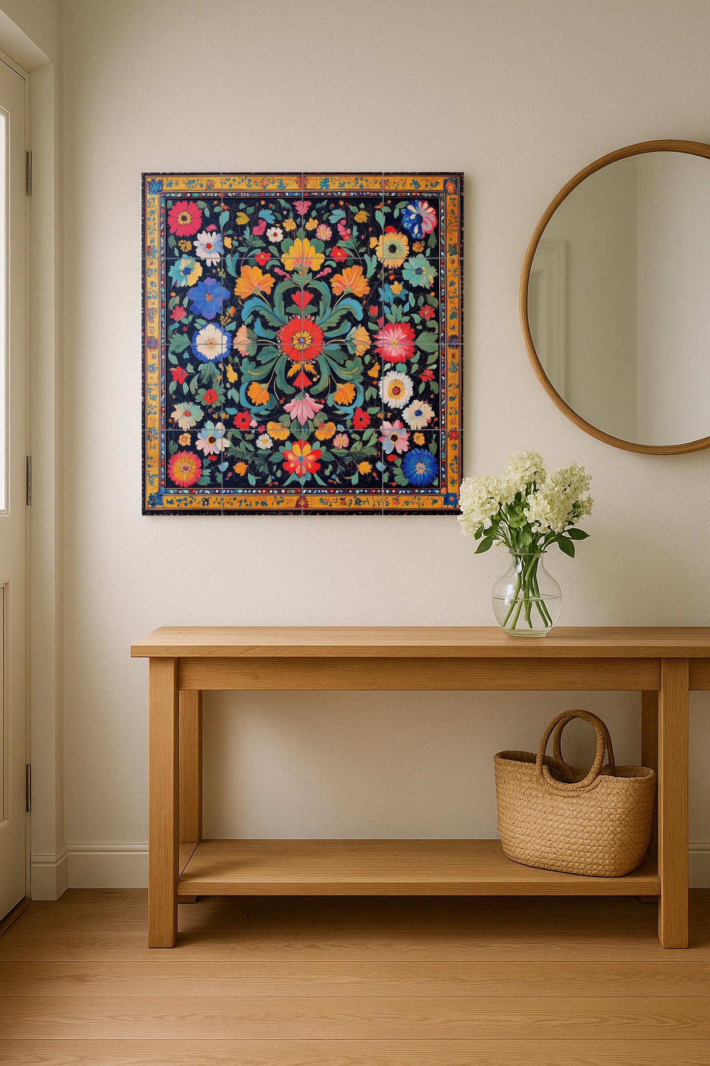 Pakistani ceramic mural: popular floral design inspired by Mughal gardens, the colors of the Indus Valley, and vibrant cultural craftsmanship.