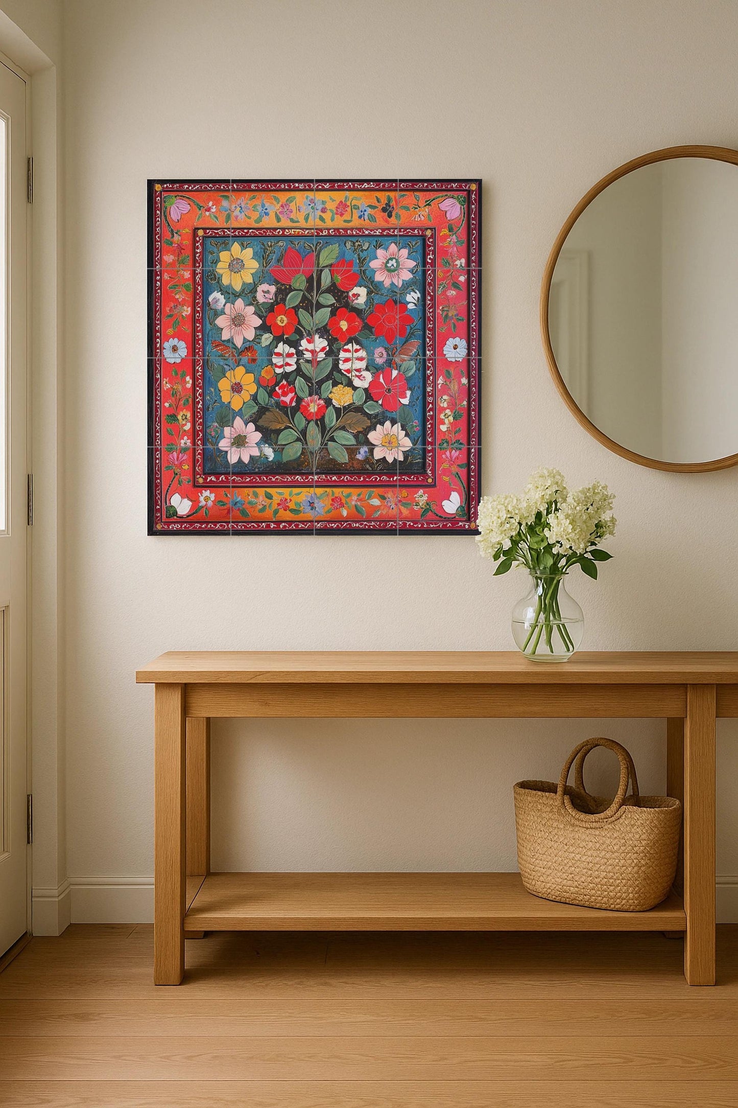 Pakistani ceramic mural: Lahore and Multan folk floral design with vibrant Karachi truck art colors and ornamental borders.