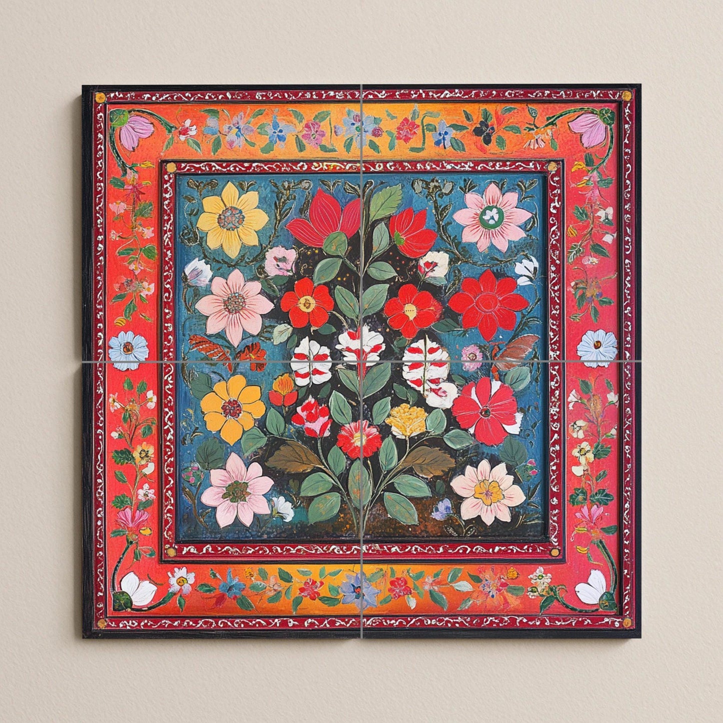 Pakistani ceramic mural: Lahore and Multan folk floral design with vibrant Karachi truck art colors and ornamental borders.