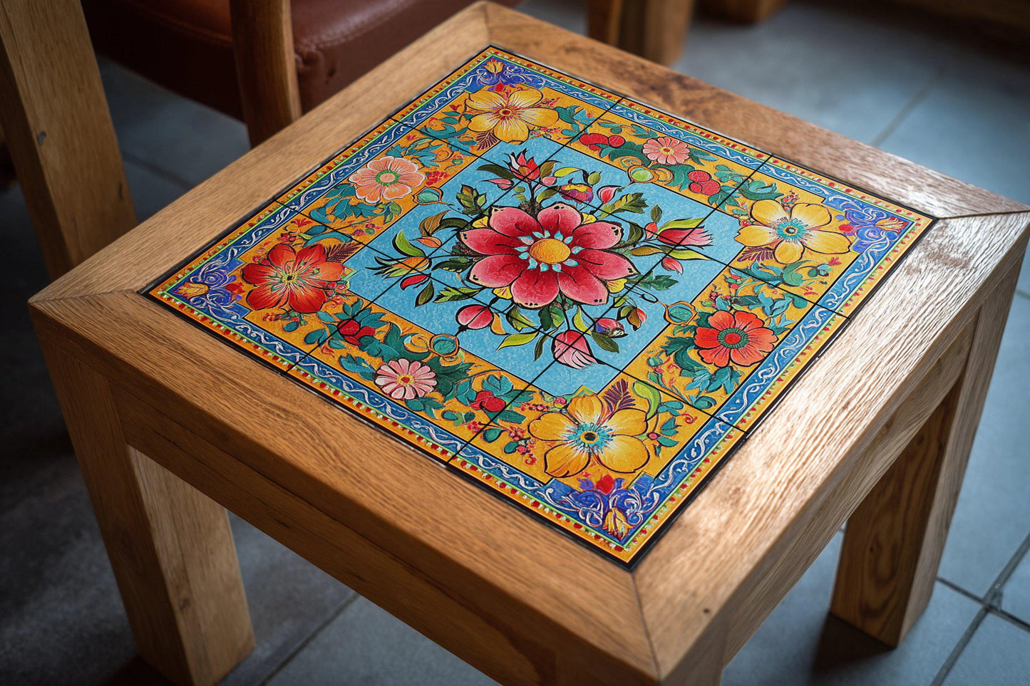 Ceramic mural with Pakistani truck art: vibrant floral and geometric motifs with decorative border, wall tile design with a colorful folk style.