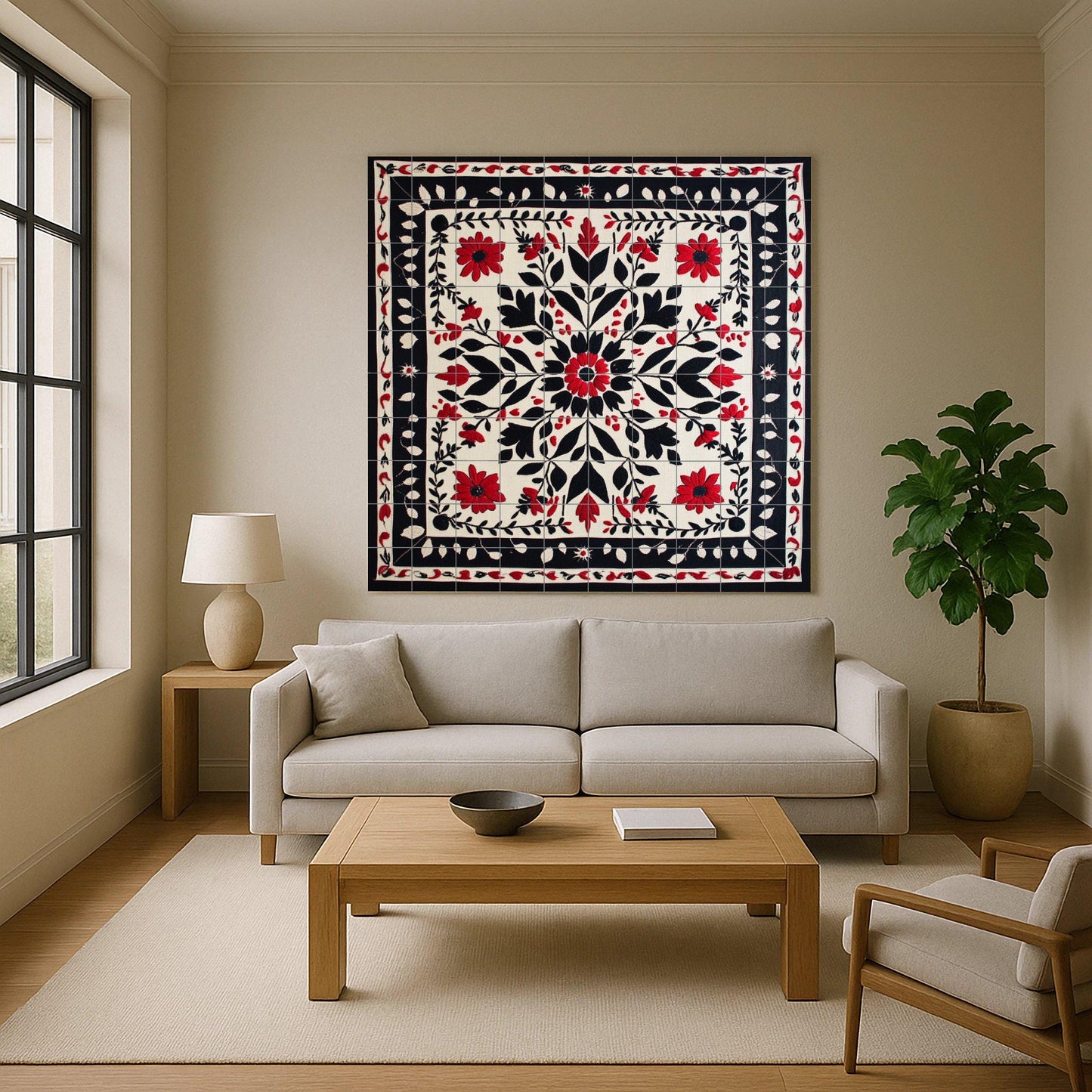 Ceramic mural with floral embroidery: symmetrical pattern of red and black flowers with ornamental border, decorative mosaic design.