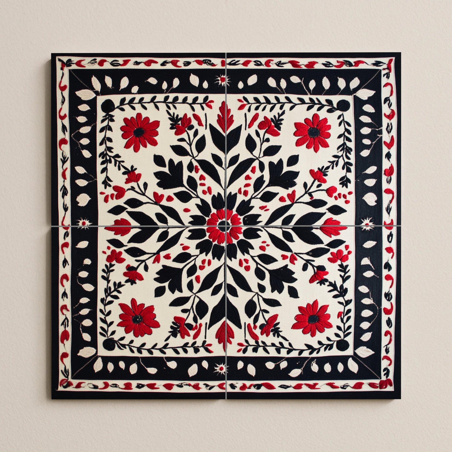Ceramic mural with floral embroidery: symmetrical pattern of red and black flowers with ornamental border, decorative mosaic design.