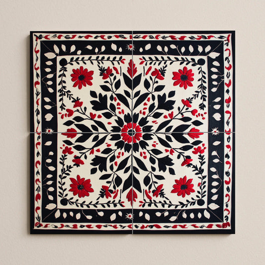 Ceramic mural with floral embroidery: symmetrical pattern of red and black flowers with ornamental border, decorative mosaic design.
