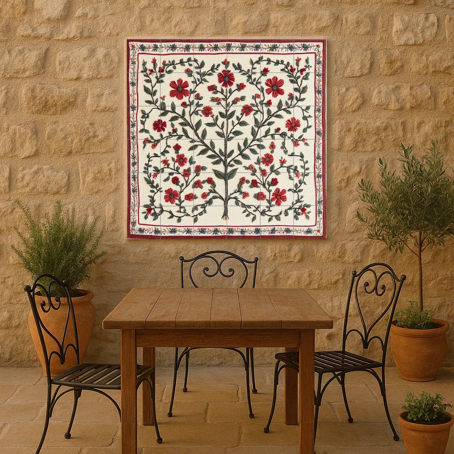 Embroidered ceramic mural of Bethlehem: Palestinian Tatreez Tree of Life with red flowers from Gaza and folk heritage pattern from Jerusalem.