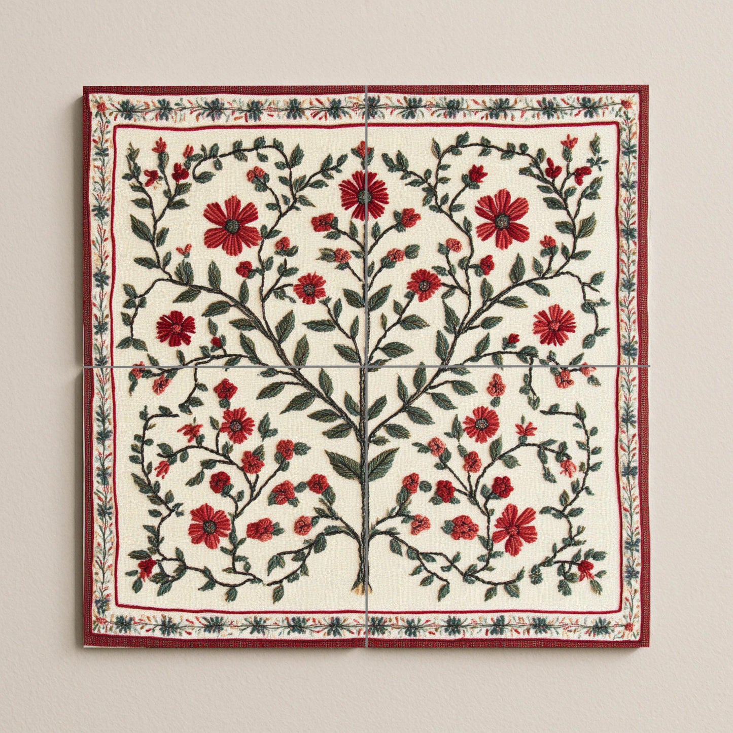 Embroidered ceramic mural of Bethlehem: Palestinian Tatreez Tree of Life with red flowers from Gaza and folk heritage pattern from Jerusalem.