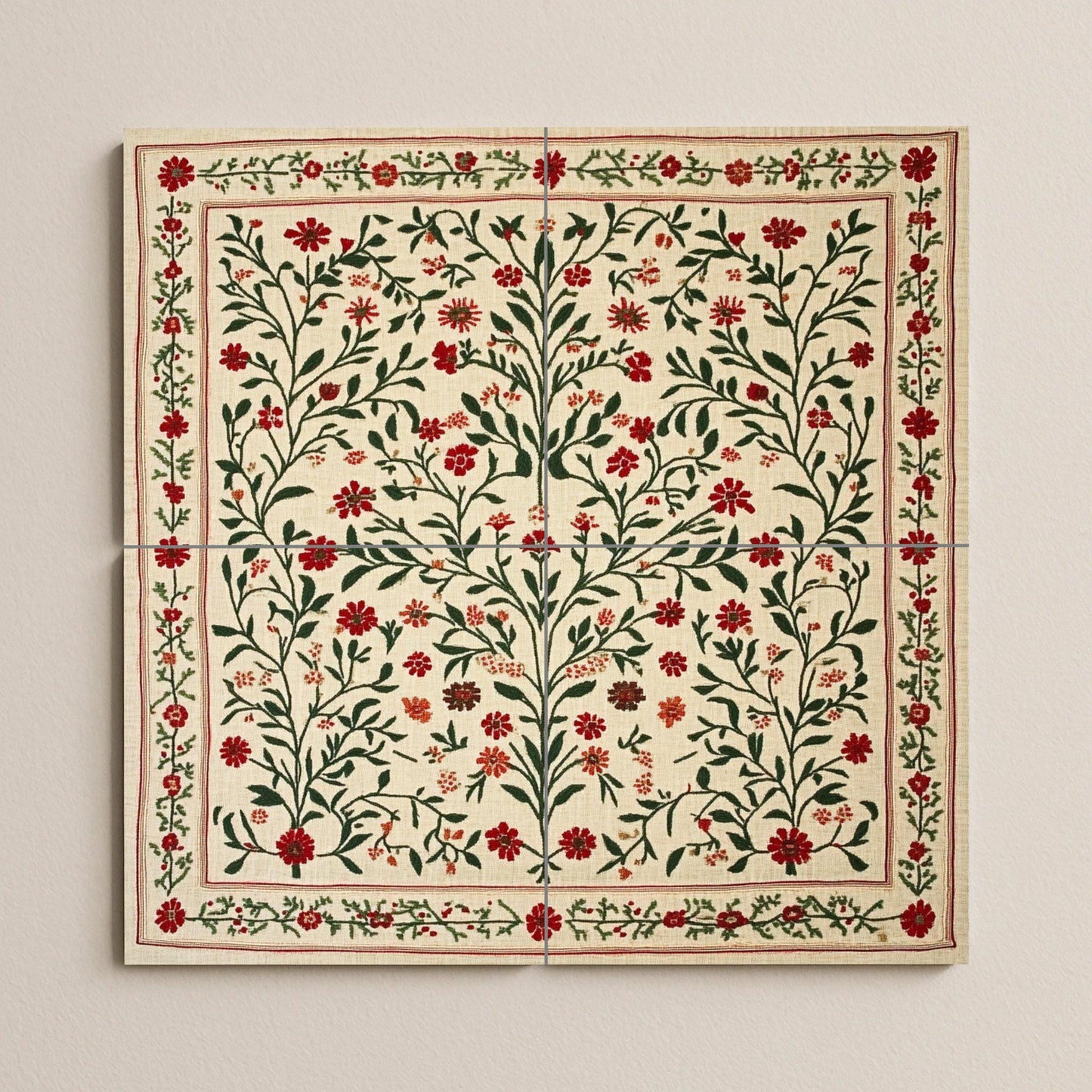 Tatreez ceramic mural from Jerusalem: folk embroidery from Bethlehem and Ramallah with cross-stitch design of olive and red flowers from Gaza.