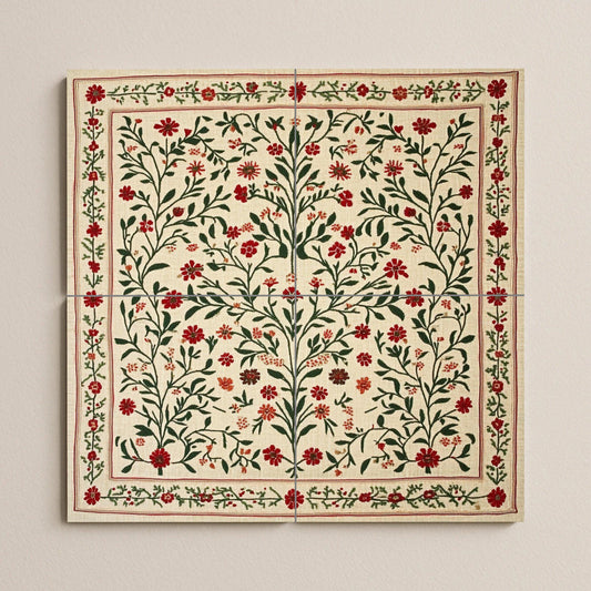 Tatreez ceramic mural from Jerusalem: folk embroidery from Bethlehem and Ramallah with cross-stitch design of olive and red flowers from Gaza.
