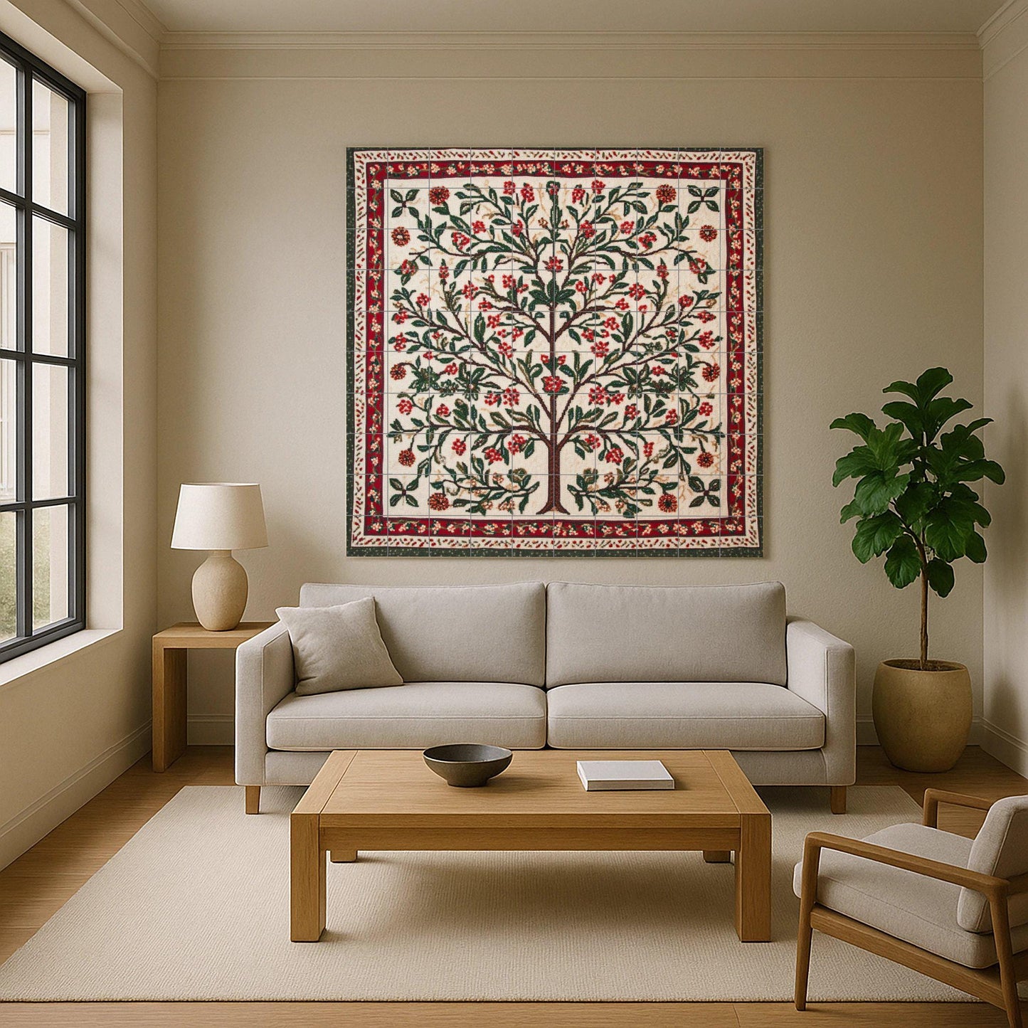 Palestinian Tatreez ceramic mural: Floral tree embroidered with olive and almond branches, red and green cross stitch pattern.
