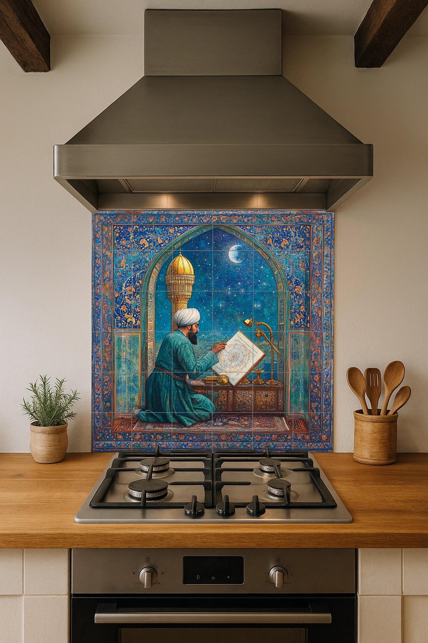 Ceramic mural of a Persian astronomer: a scholar with a celestial map in Islamic architecture, inspired by the art of Samarkand and Isfahan.