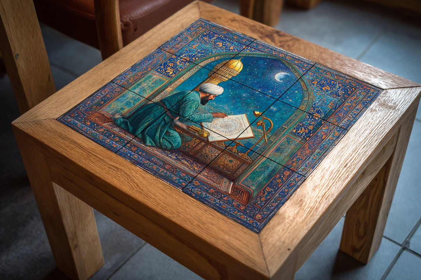 Ceramic mural of a Persian astronomer: a scholar with a celestial map in Islamic architecture, inspired by the art of Samarkand and Isfahan.