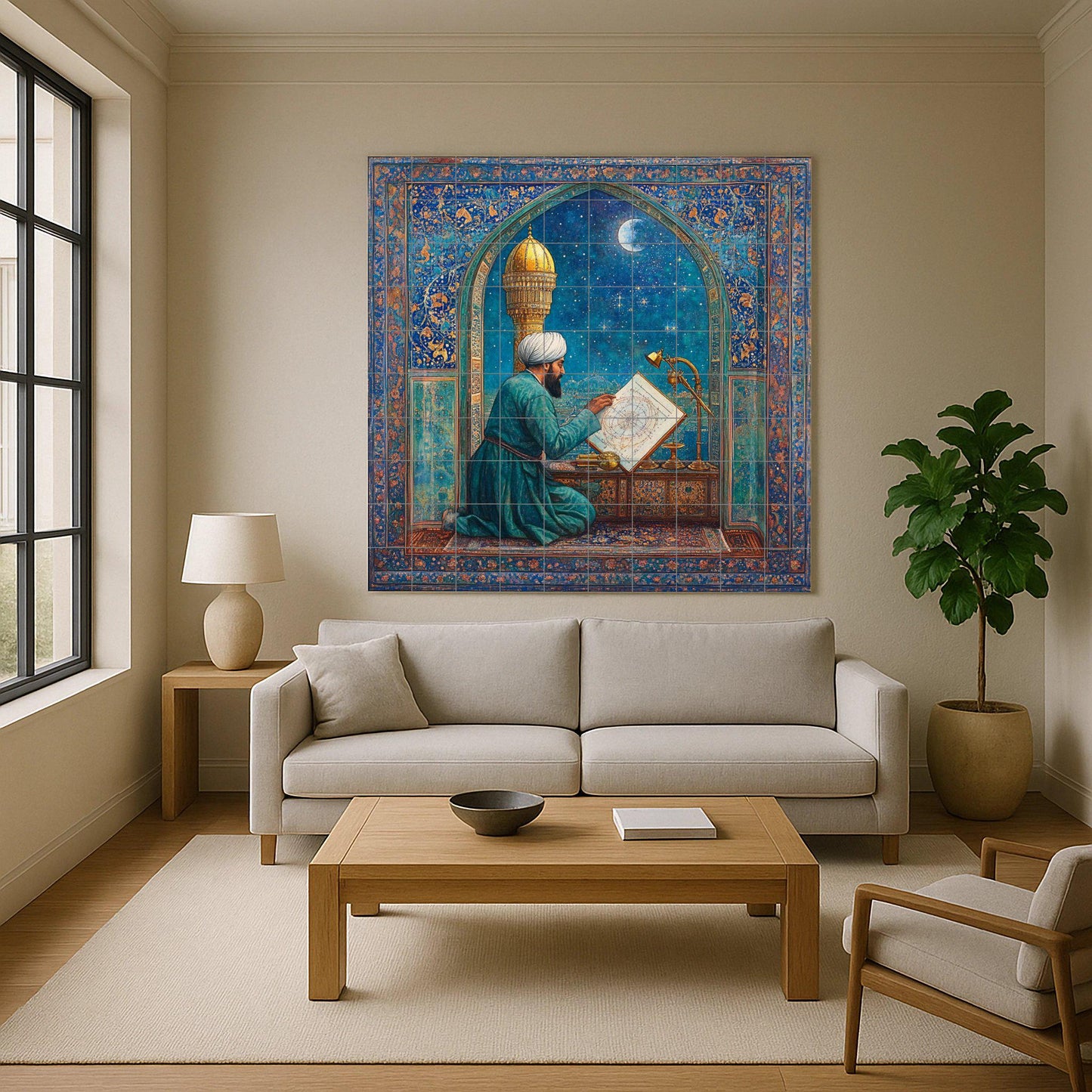 Ceramic mural of a Persian astronomer: a scholar with a celestial map in Islamic architecture, inspired by the art of Samarkand and Isfahan.