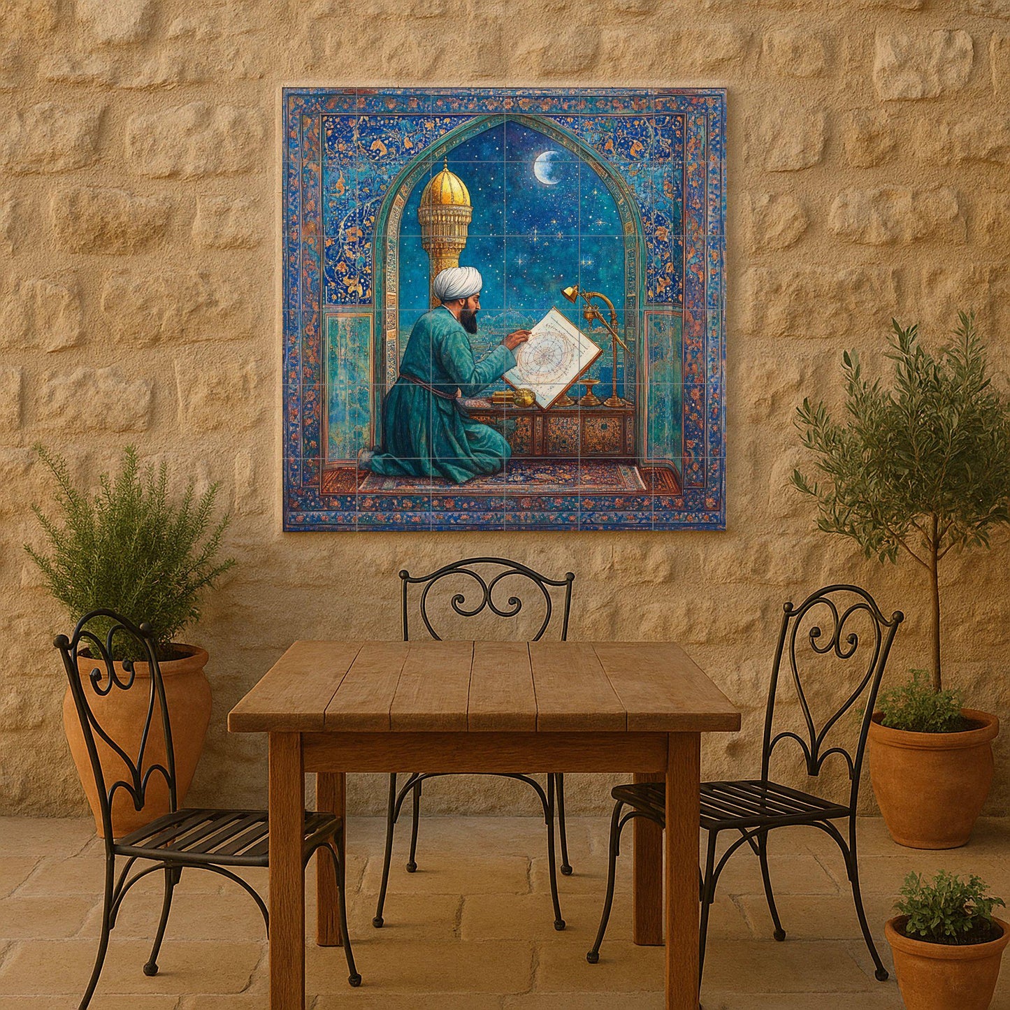 Ceramic mural of a Persian astronomer: a scholar with a celestial map in Islamic architecture, inspired by the art of Samarkand and Isfahan.