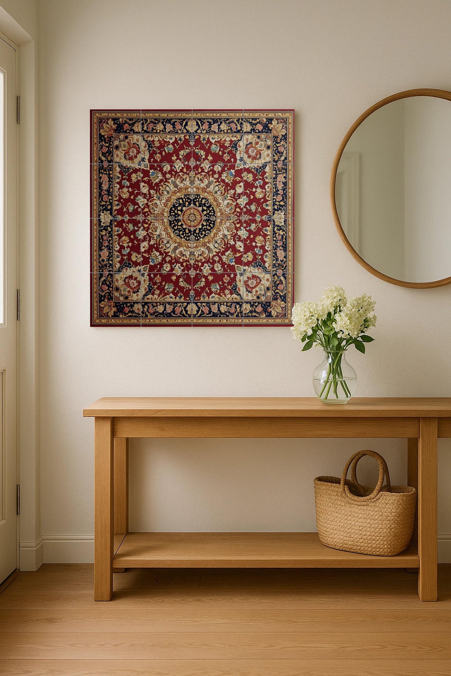 Ceramic mural of Persian heritage: medallion inspired by Tabriz and Mashhad with crimson and navy blue motifs, decorative ornamental tile.