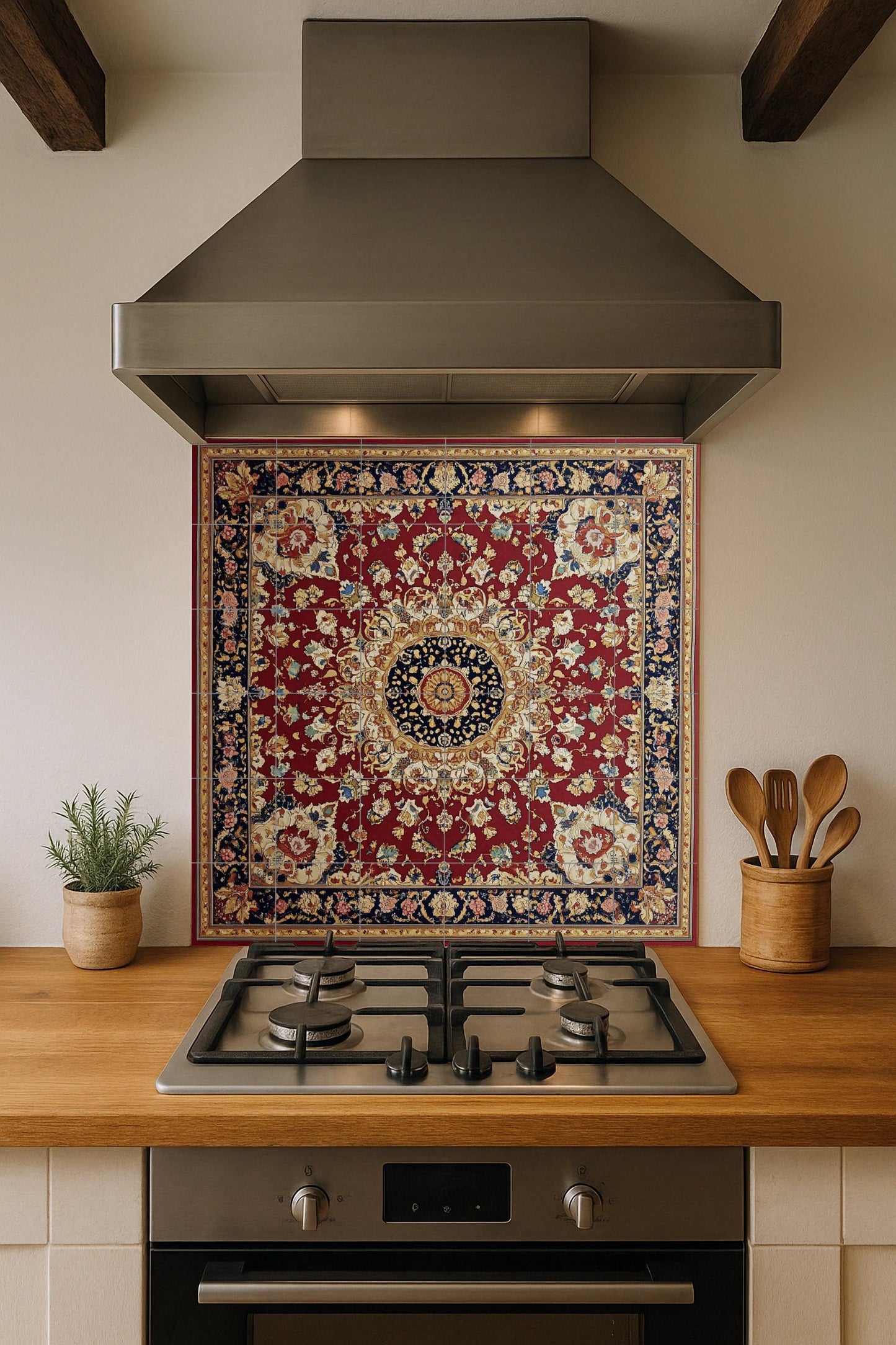 Ceramic mural of Persian heritage: medallion inspired by Tabriz and Mashhad with crimson and navy blue motifs, decorative ornamental tile.