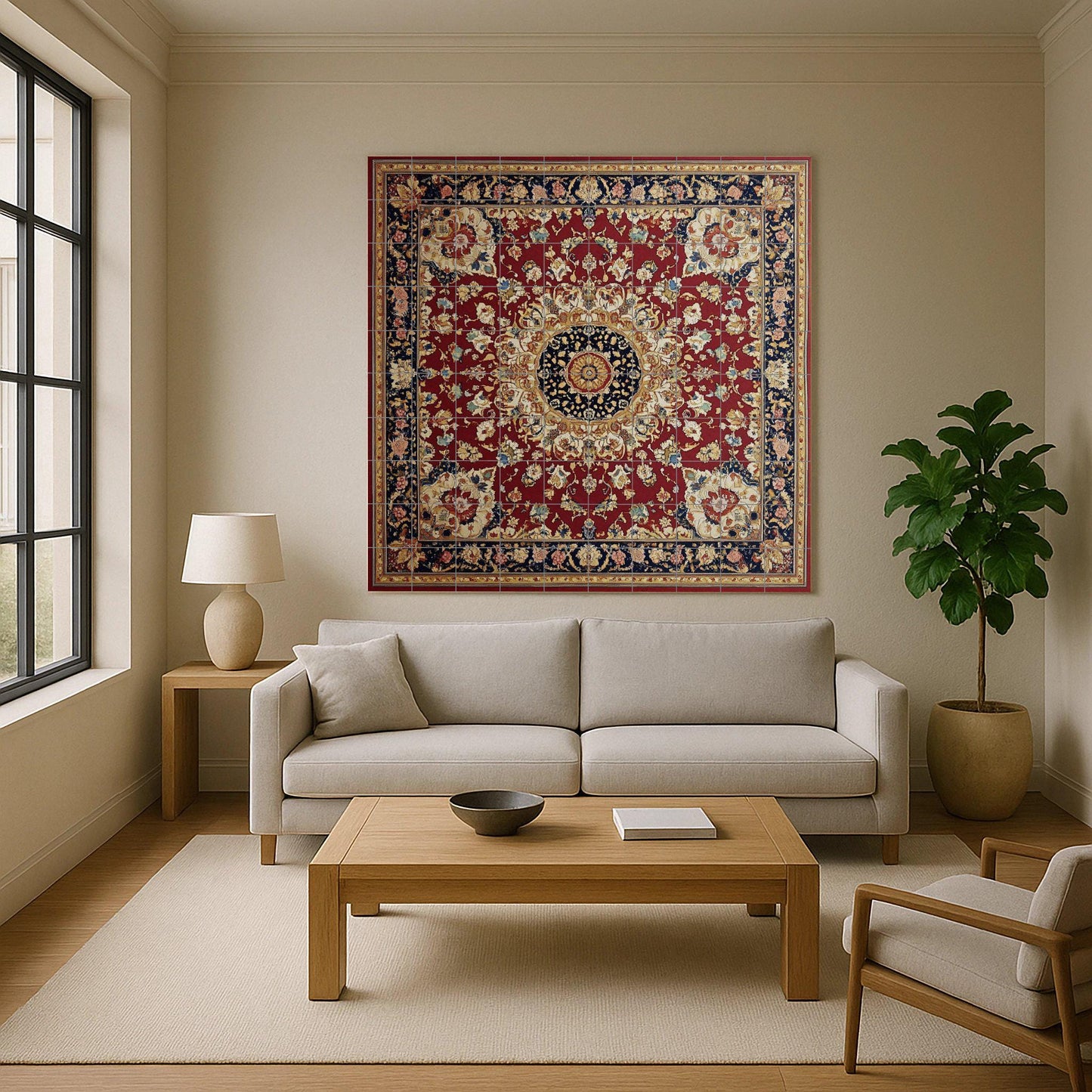Ceramic mural of Persian heritage: medallion inspired by Tabriz and Mashhad with crimson and navy blue motifs, decorative ornamental tile.