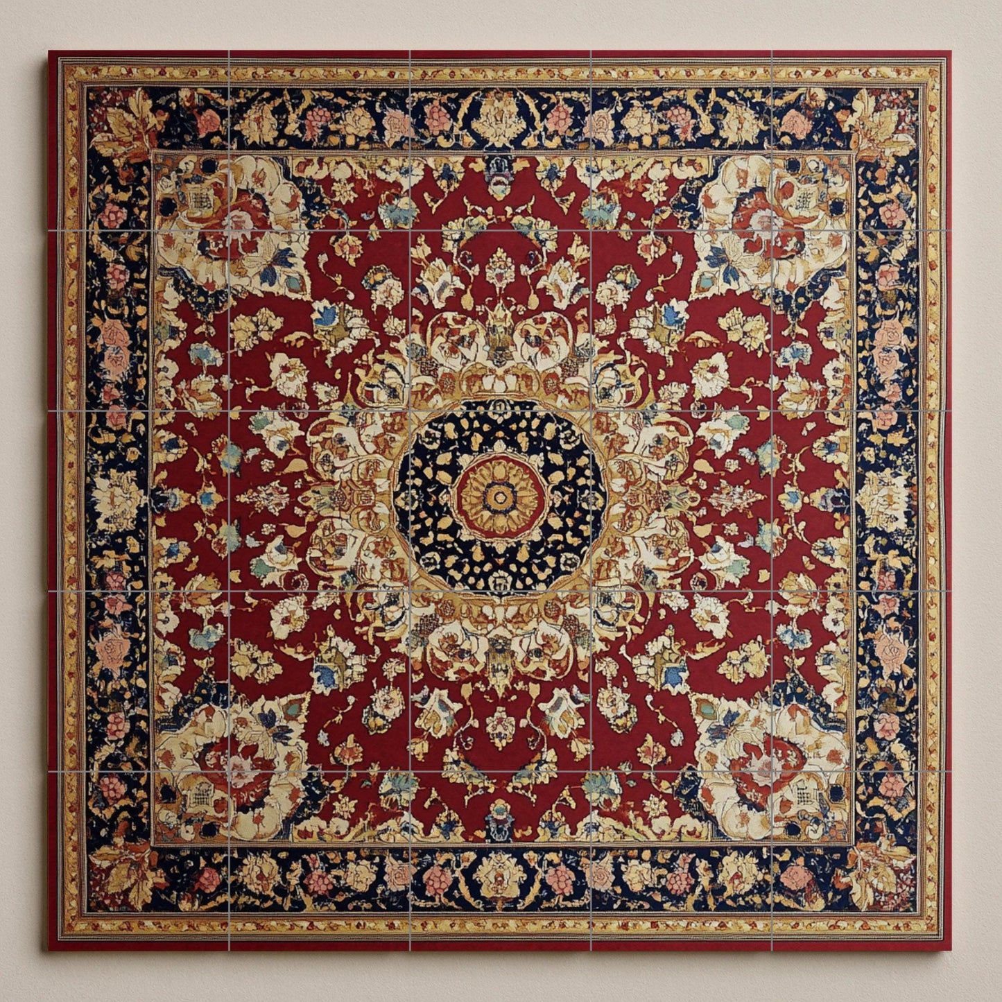 Ceramic mural of Persian heritage: medallion inspired by Tabriz and Mashhad with crimson and navy blue motifs, decorative ornamental tile.