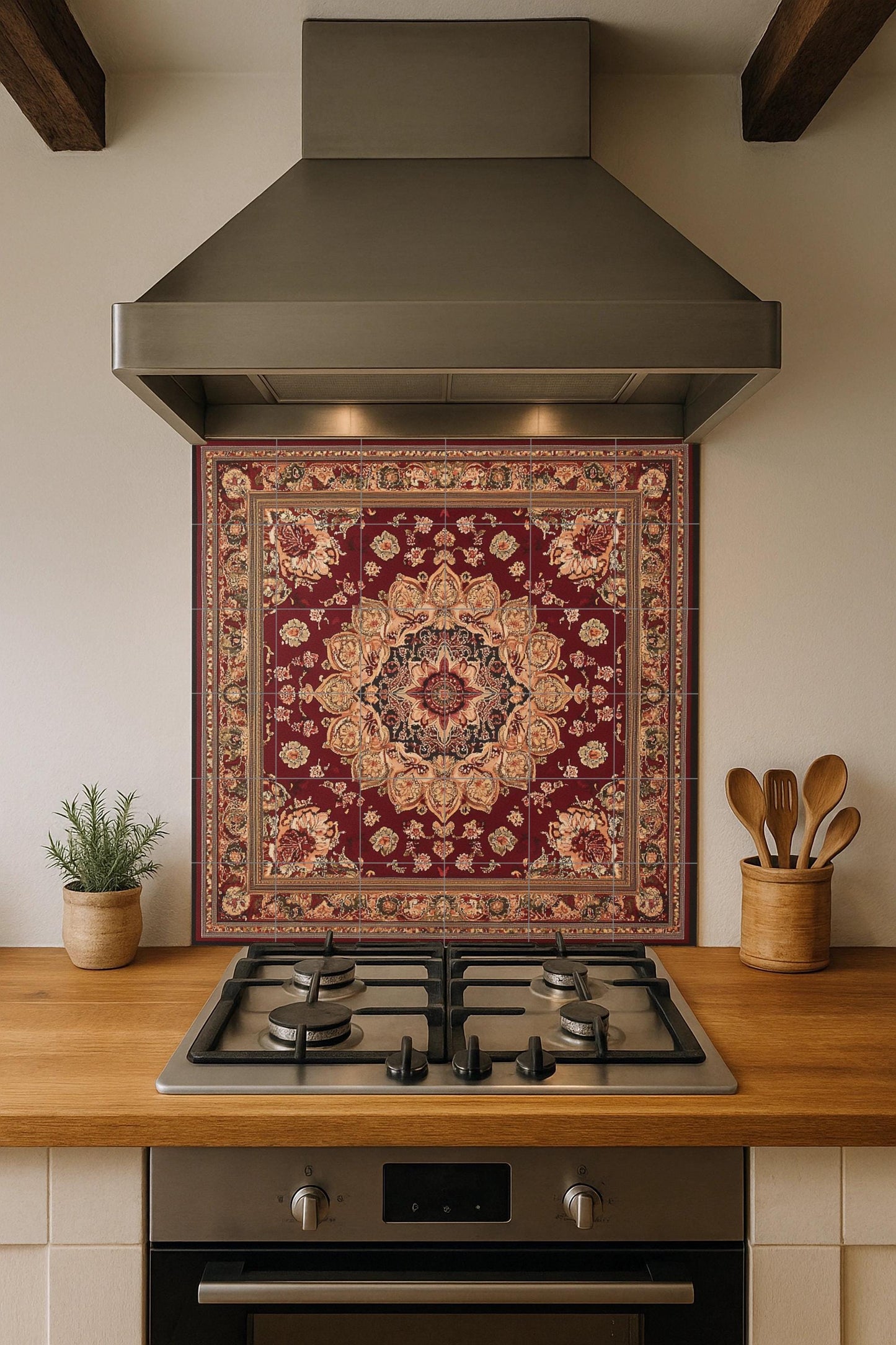 Oriental ceramic mural: floral medallion inspired by Kashan with intense crimson motifs, decorative tile of Persian heritage.